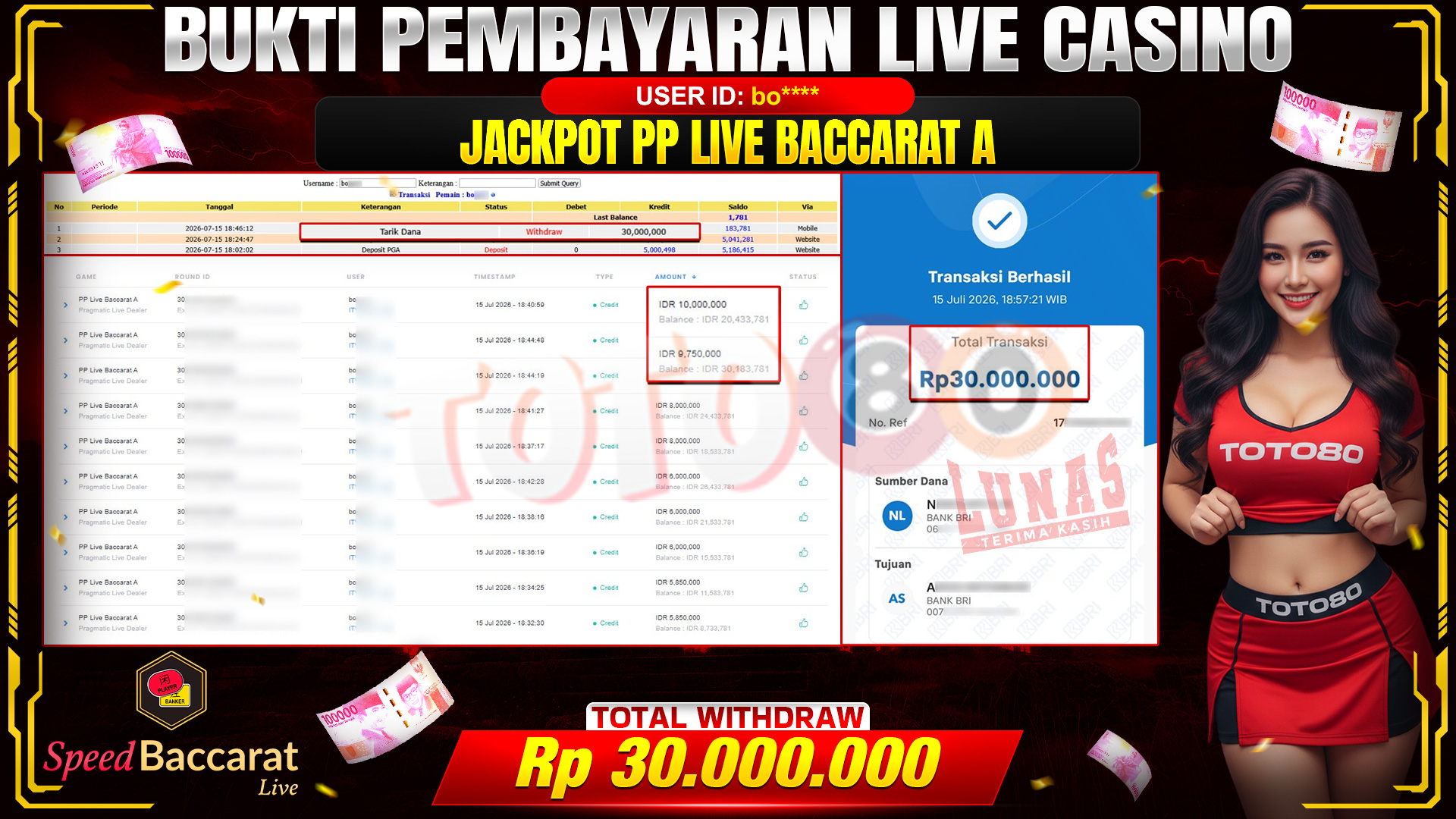 💰🎉 TOTO80 – JACKPOT PP LIVE  BACCARAT A RP. 30,000,000,- TELAH DIBAYARKAN!💰🎉