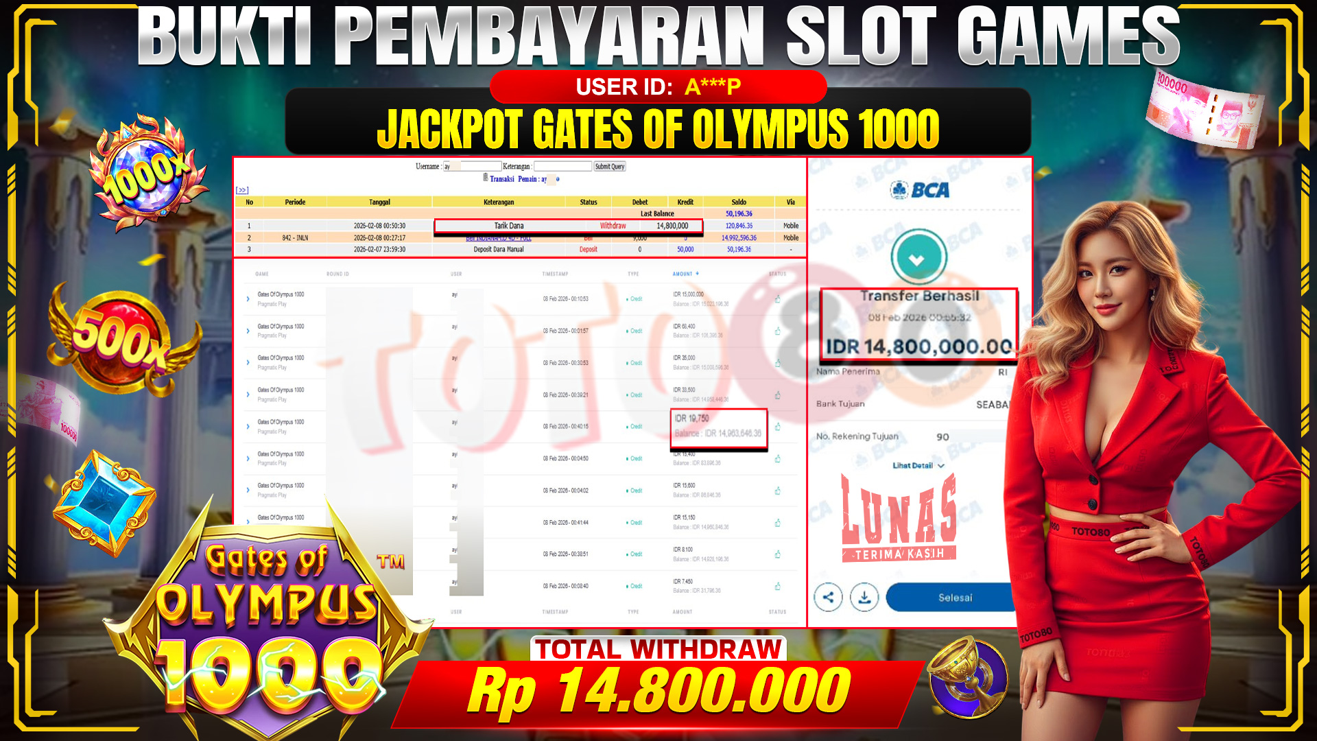🎉 TOTO80 – JACKPOT SLOT GATES OF OLIMPUS 1000 RP. 14,800,000,- TELAH DIBAYARKAN! 🎉