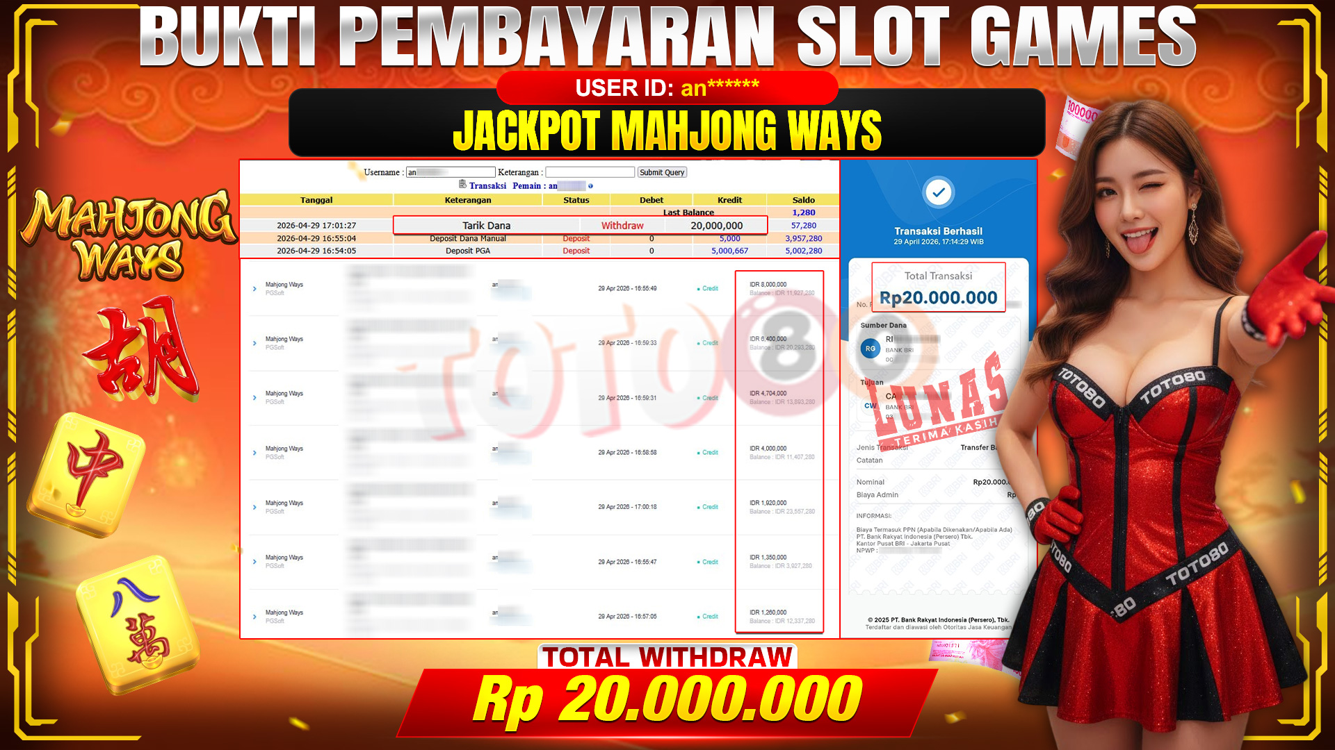 💰🎉 TOTO80 – JACKPOT SLOT MAHJONG WAYS RP. 20,000,000,-  TELAH DIBAYARKAN!💰🎉