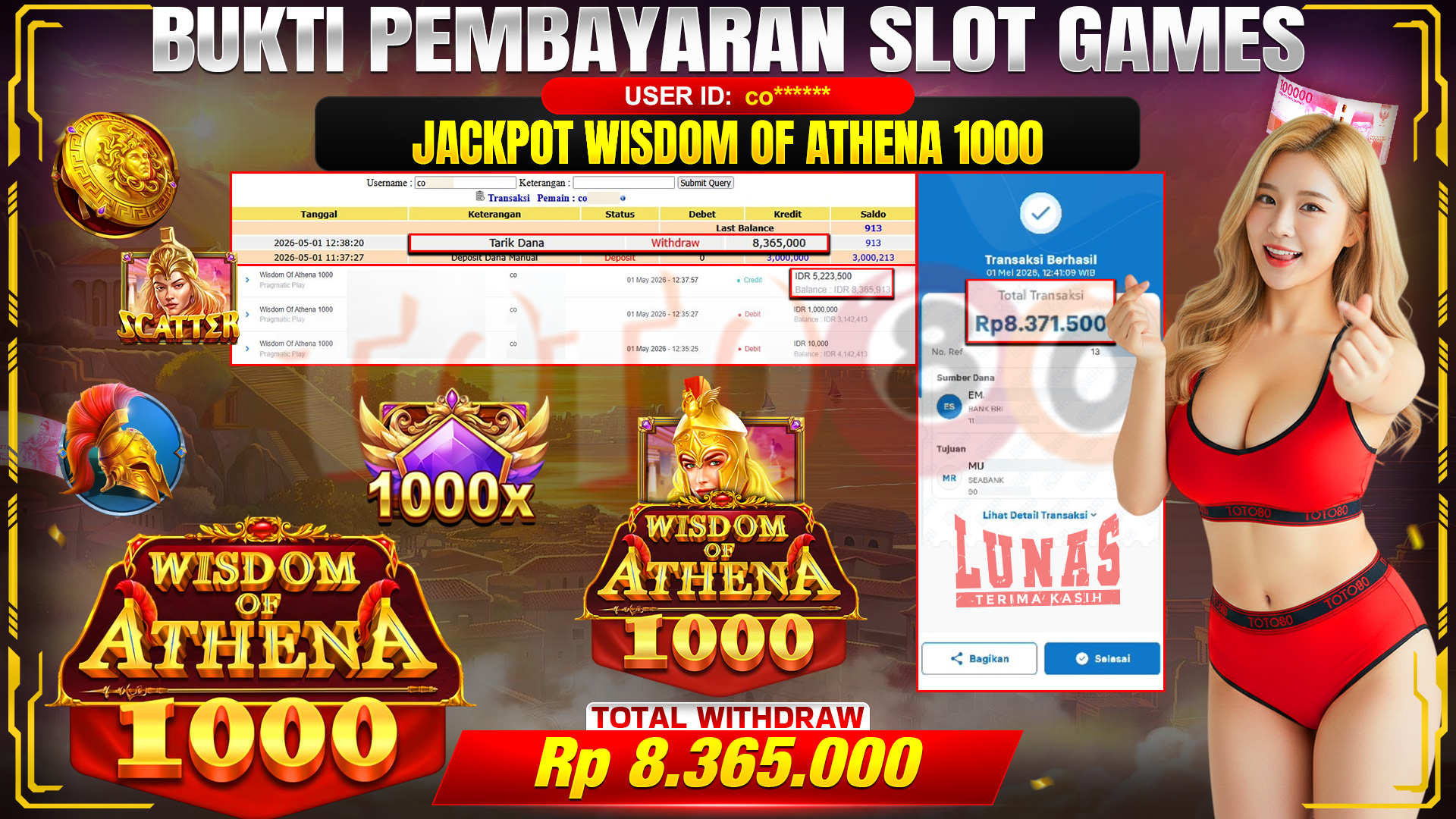 💰🎉  TOTO80 – JACKPOT SLOT WISDOM OF ATHENA 1000 RP. 8,365,000,- TELAH DIBAYARKAN! 💰🎉 