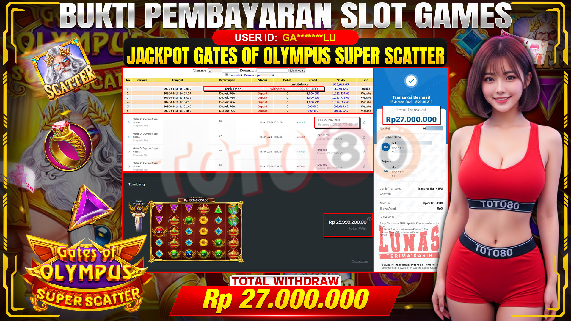 🎉 TOTO80 – JACKPOT SLOT GATES OF OLYMPUS SUPER SCATTER RP. 27,000,000,- TELAH DIBAYARKAN! 🎉