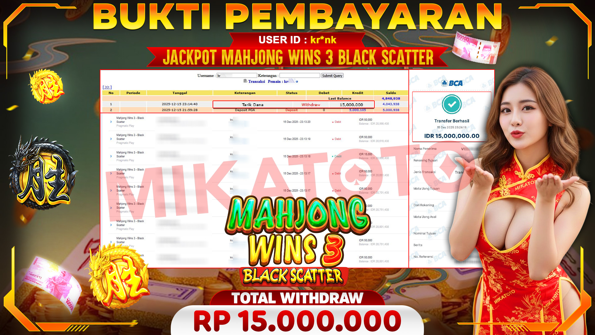 🏆 SELAMAT KEPADA PEMENANG JACKPOT DI Mahjong Wins 3 Black Scatter - Pragmatic Play 15,000,000🏆