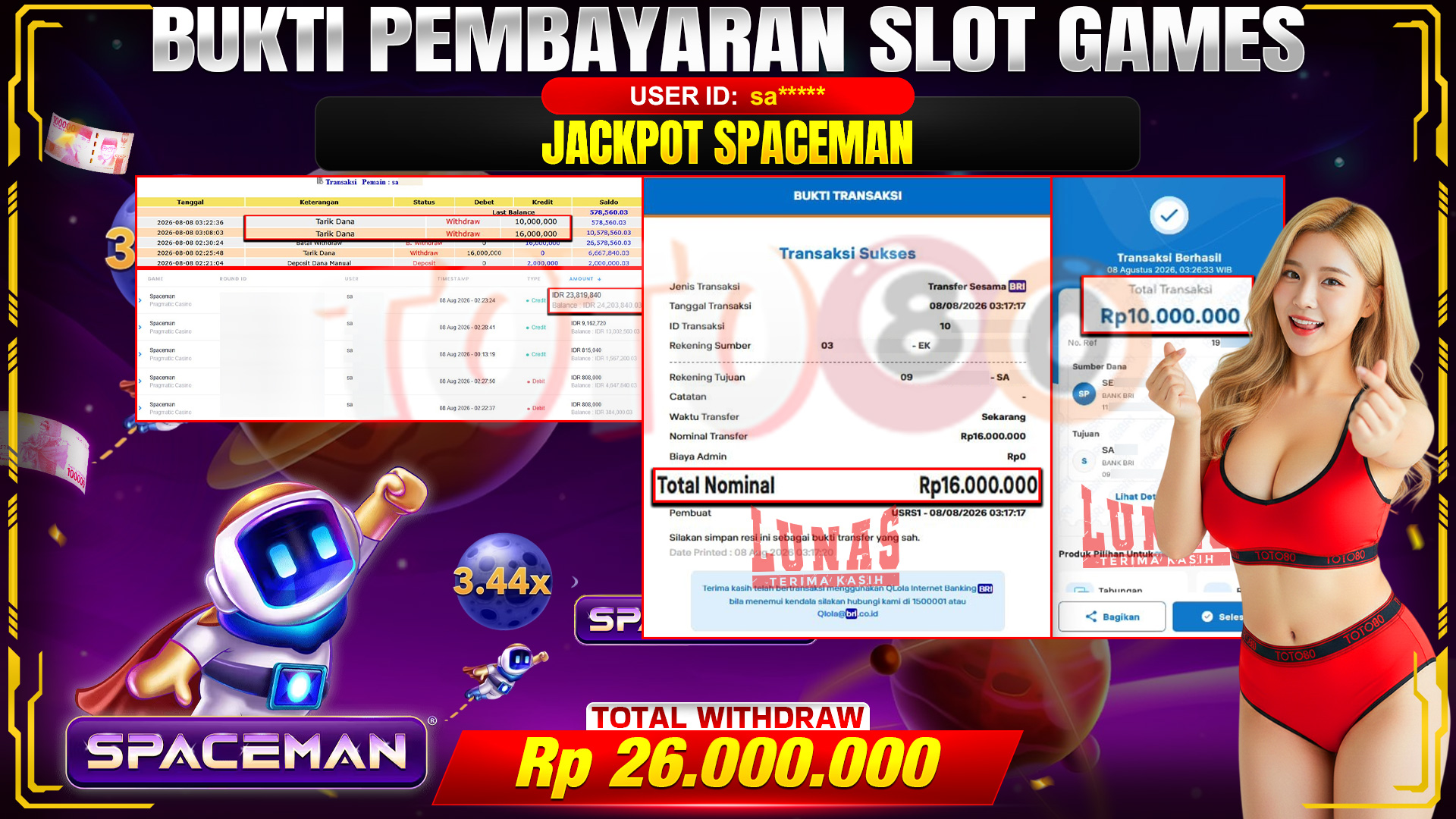 🎉💰 TOTO80 – JACKPOT SLOT SPACEMAN  RP. 26,000,000,- TELAH DIBAYARKAN! 🎉💰