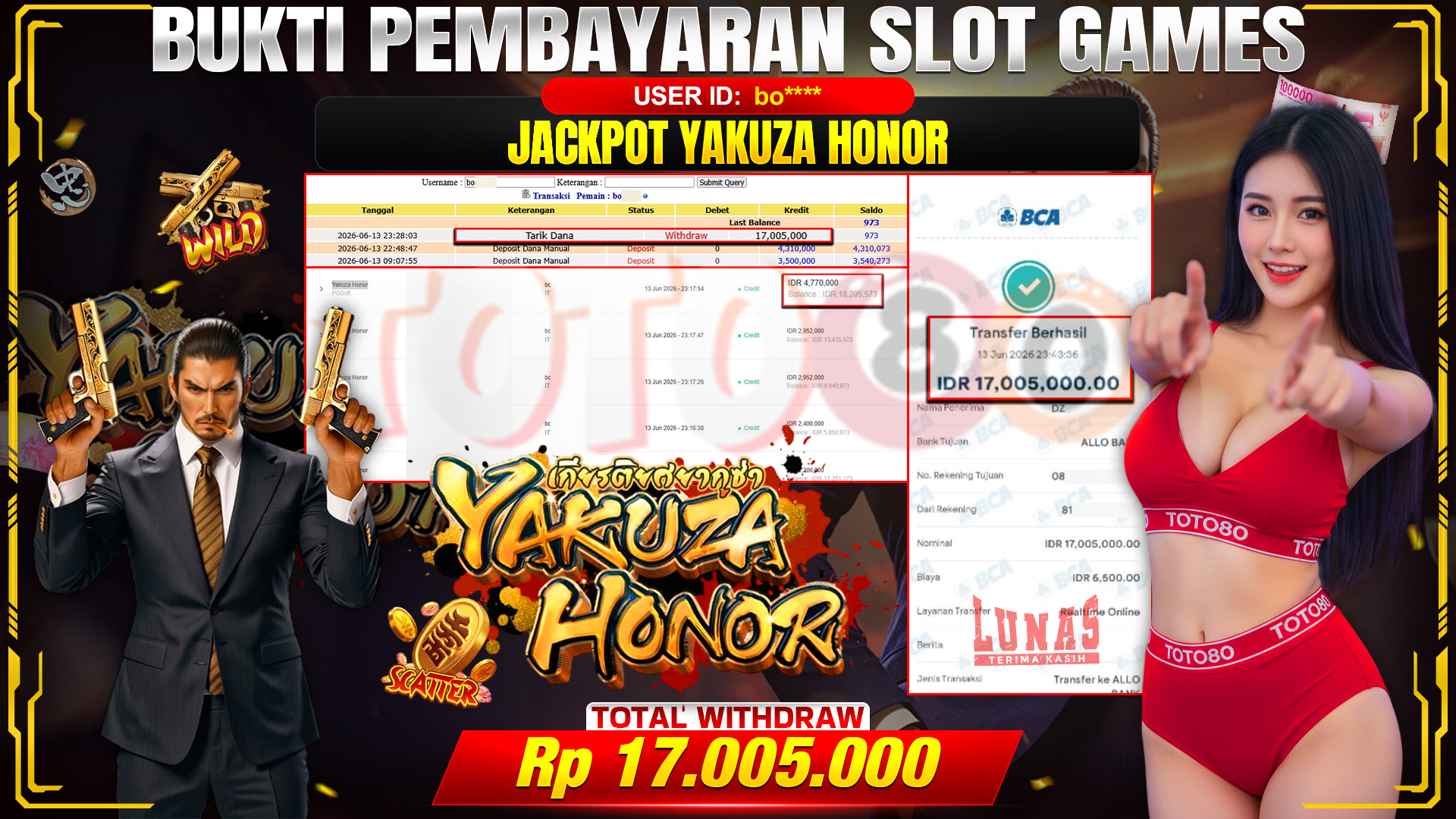 💰🎉 TOTO80 – JACKPOT SLOT YAKUZA HONOR  RP. 17.005.000,- TELAH DIBAYARKAN!💰🎉