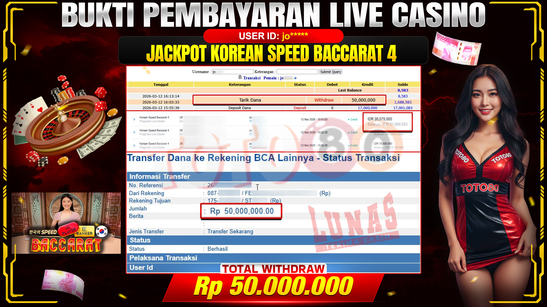🎉 TOTO80 – JACKPOT KOREAN SPEED BACCARAT 4 . 50,000,000,- TELAH DIBAYARKAN! 🎉