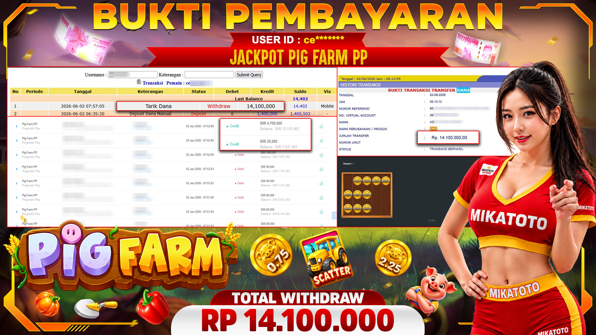 🏆 SELAMAT KEPADA PEMENANG JACKPOT DI Pig Farm PP - Pragmatic Play 14,100,000🏆