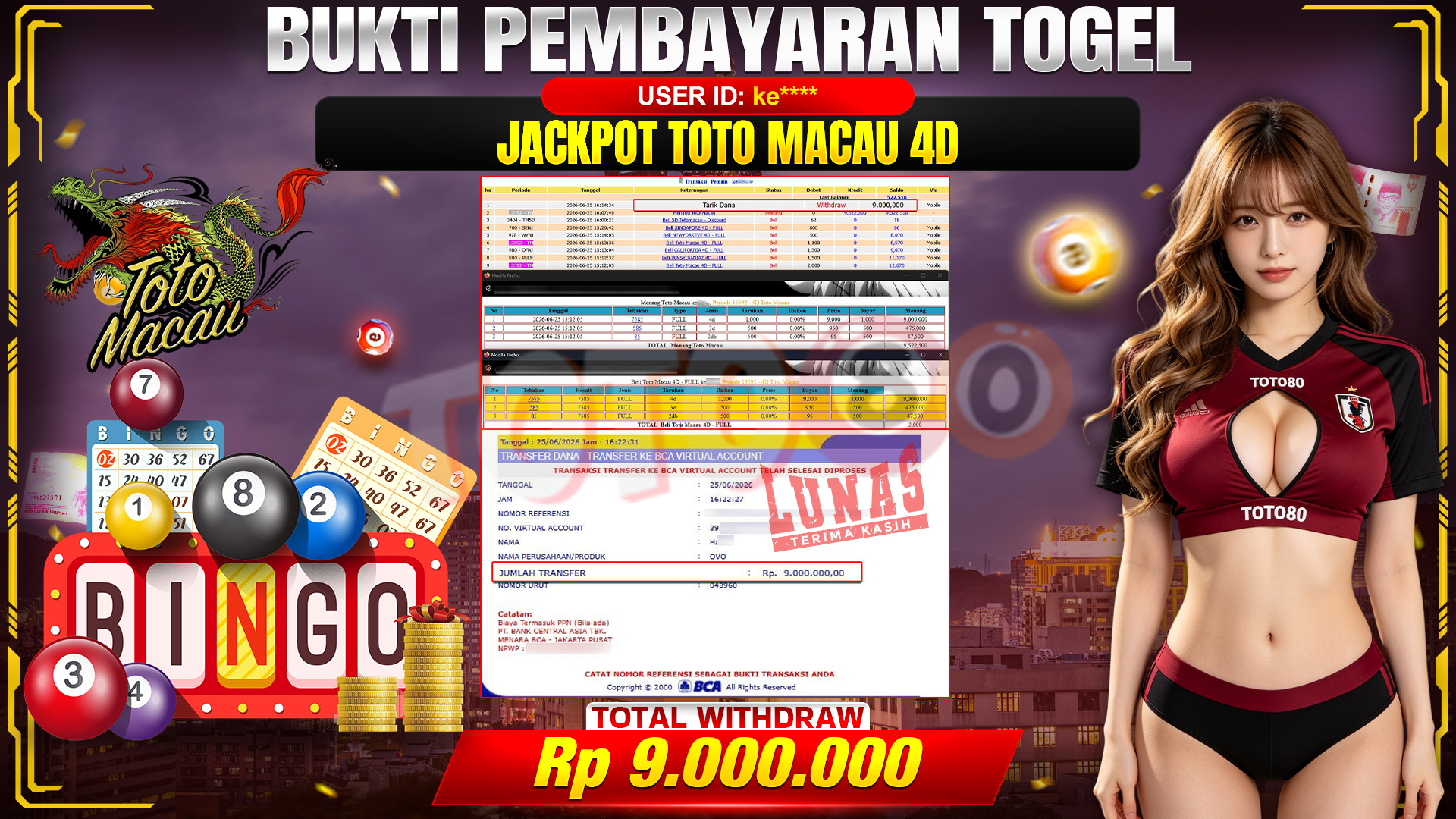 💰🎉 TOTO80 – JACKPOT TOGEL TOTO MACAU 4D RP. 9,000,000,- TELAH DIBAYARKAN!💰🎉