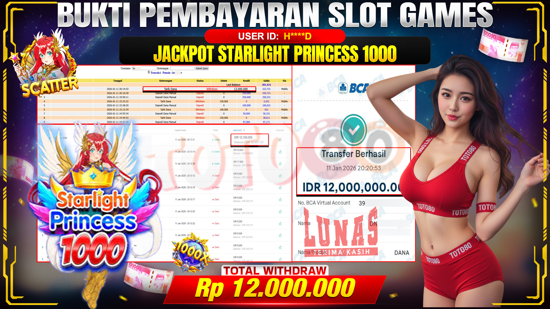 🎉 TOTO80 – JACKPOT SLOT STARLIGHT PRINCES 1000 RP. 12,000,000,- TELAH DIBAYARKAN! 🎉