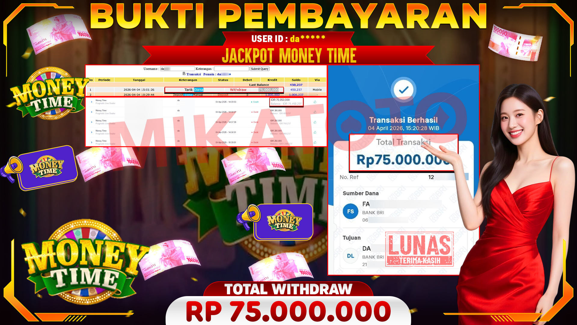 🏆 SELAMAT KEPADA PEMENANG JACKPOT DI Money Time  - Pragmatic Live Dealer 75,000,000🏆