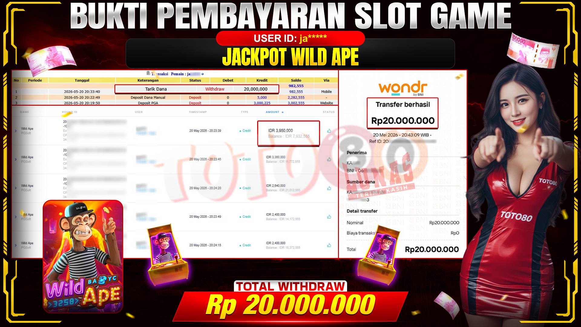 💰🎉 TOTO80 – JACKPOT SLOT WILD APE  RP. 20,000,000,- TELAH DIBAYARKAN!💰🎉