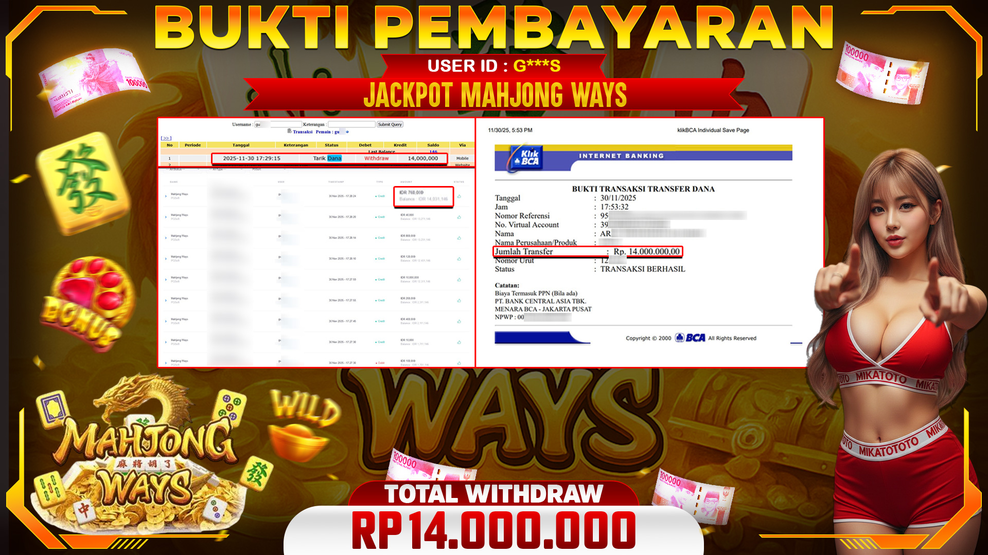 SELAMAT KEPADA PEMENANG JACKPOT DI Mahjong Ways - PGSoft 14,000,000🏆