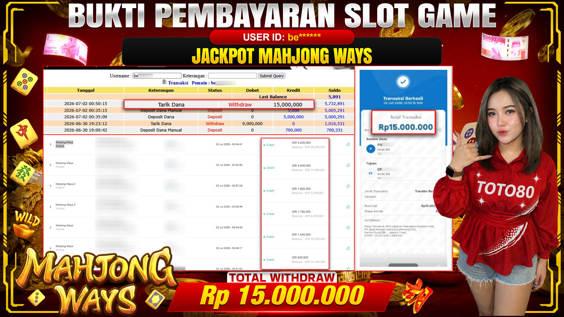 💰🎉 TOTO80 – JACKPOT SLOT MAHJONG  WAYS  RP. 15.000,000,-   TELAH DIBAYARKAN!💰🎉