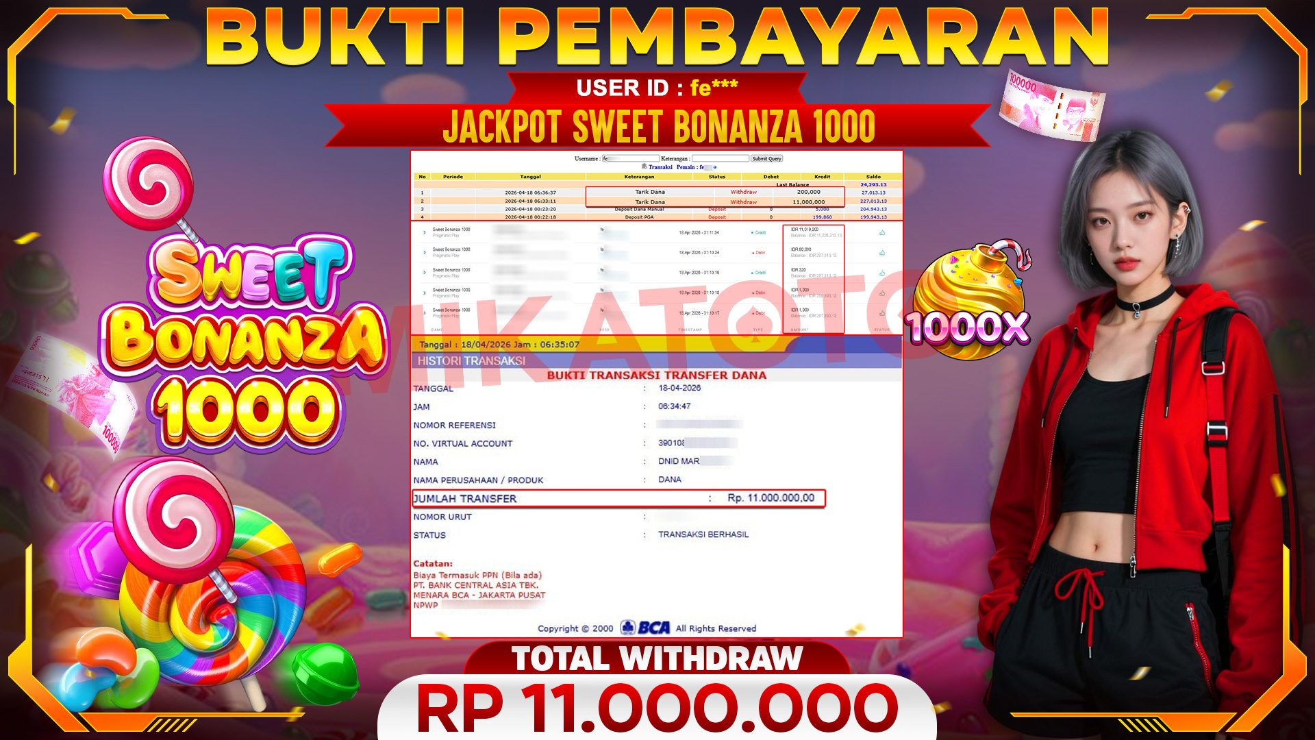 🏆 SELAMAT KEPADA PEMENANG JACKPOT DI Sweet Bonanza 1000  - Pragmatic Play 11,000,000🏆
