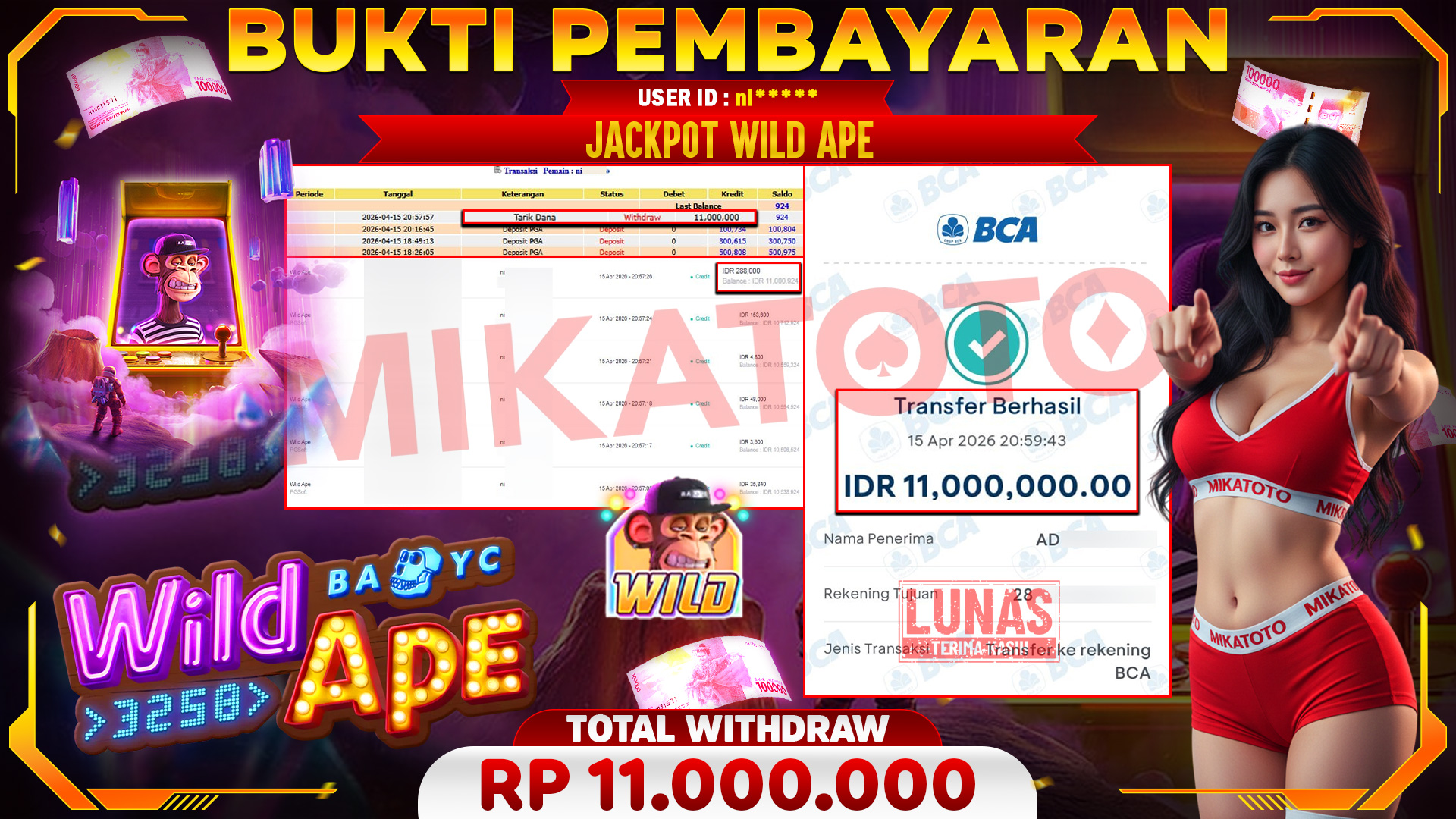 🏆 SELAMAT KEPADA PEMENANG JACKPOT DI Wild Ape - PGSoft 11,000,000🏆