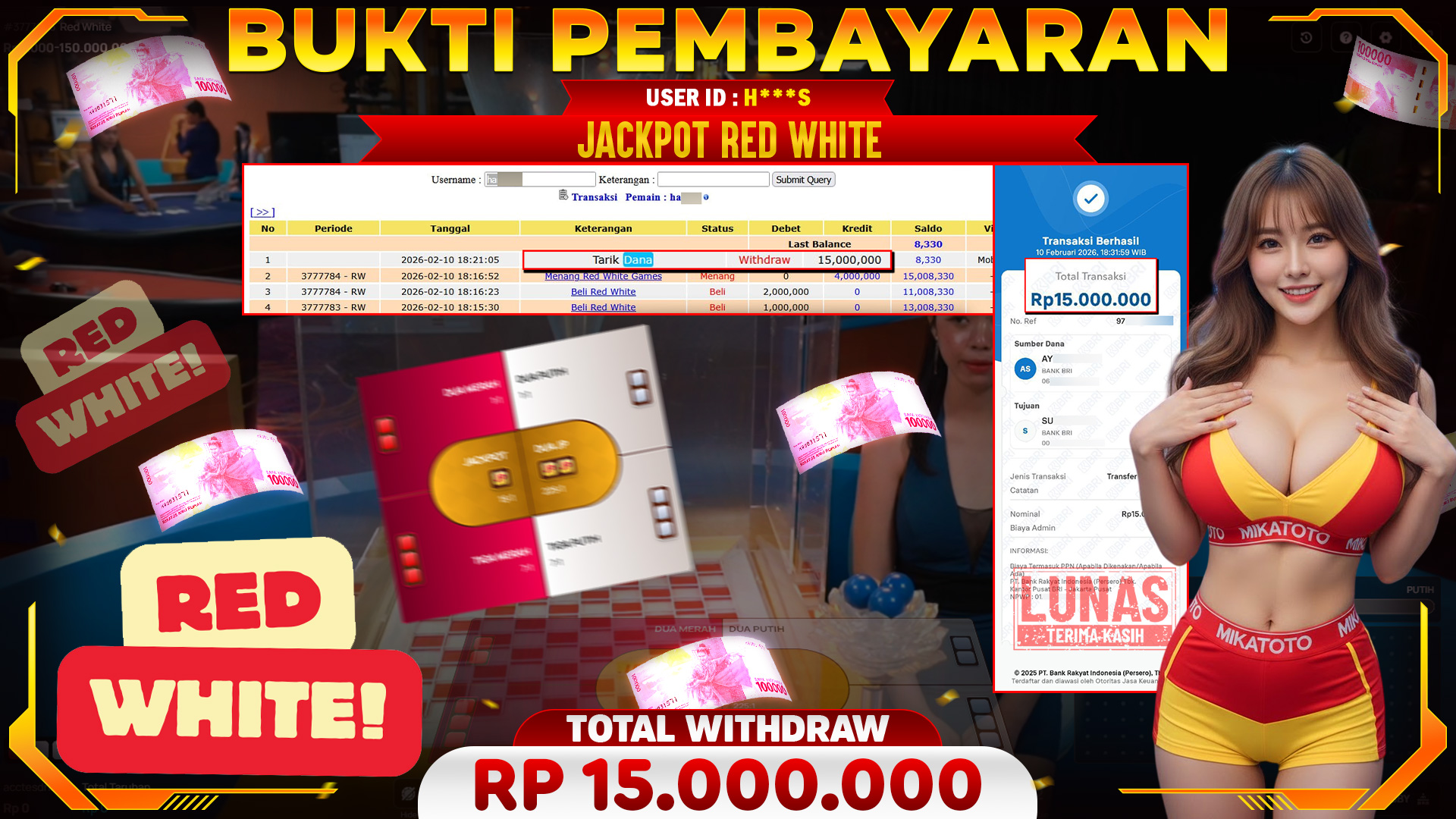 🏆 SELAMAT KEPADA PEMENANG JACKPOT DI Red White - Live Game 15,000,000🏆