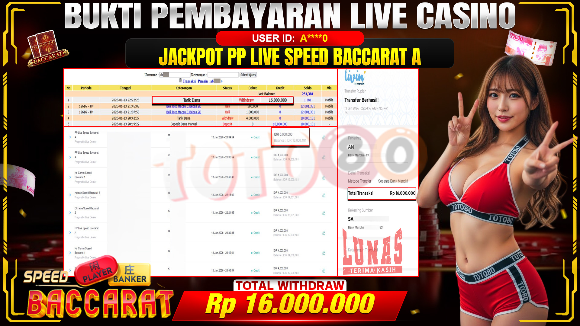 🎉 TOTO80 – JACKPOT PP LIVE SPEED BACCARAT A RP. 16,000,000,- TELAH DIBAYARKAN! 🎉