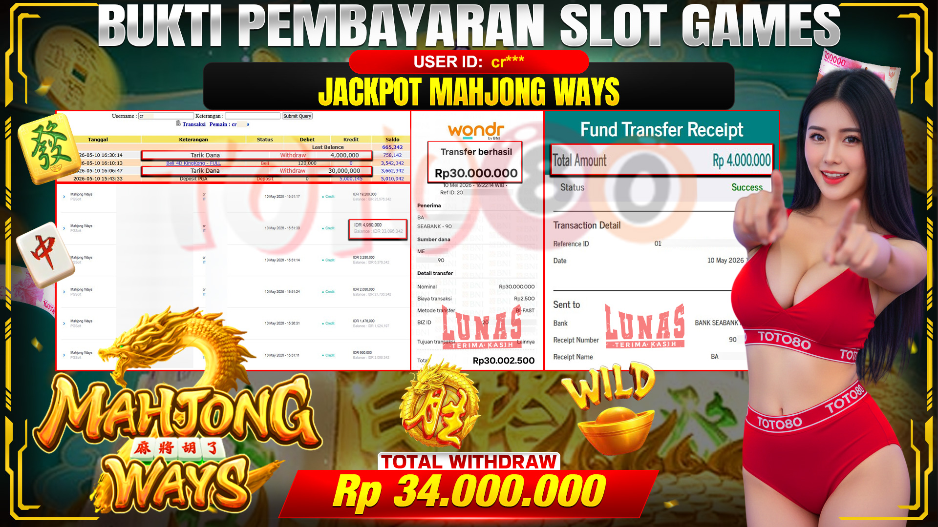 💰🎉 TOTO80 – JACKPOT SLOT MAHJONG WAYS RP. 34,000,000,- TELAH DIBAYARKAN!💰🎉