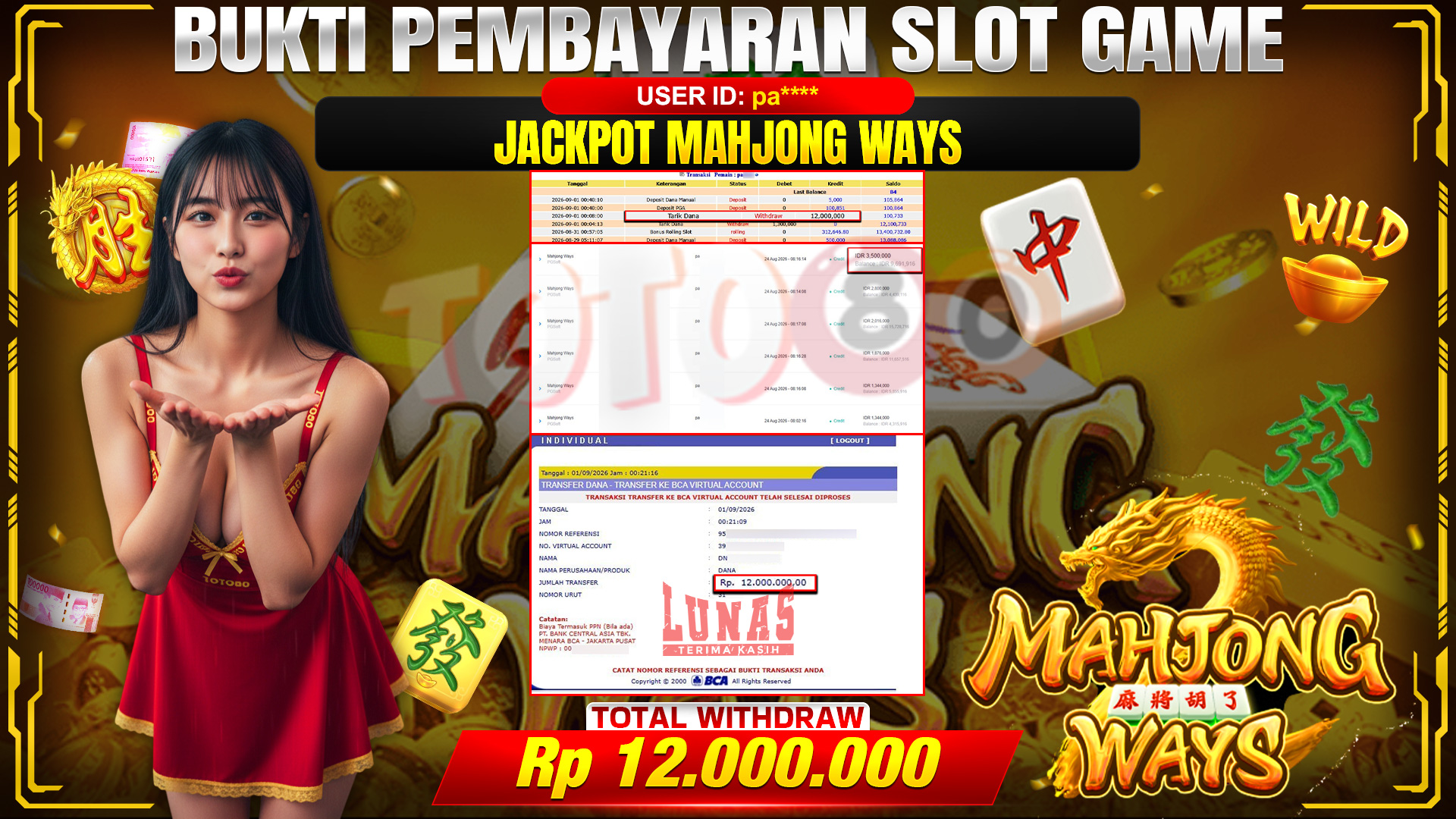 💰🎉 TOTO80 – JACKPOT SLOT MAHJONG  WAYS  RP. 12,000,000,-  TELAH DIBAYARKAN!💰🎉