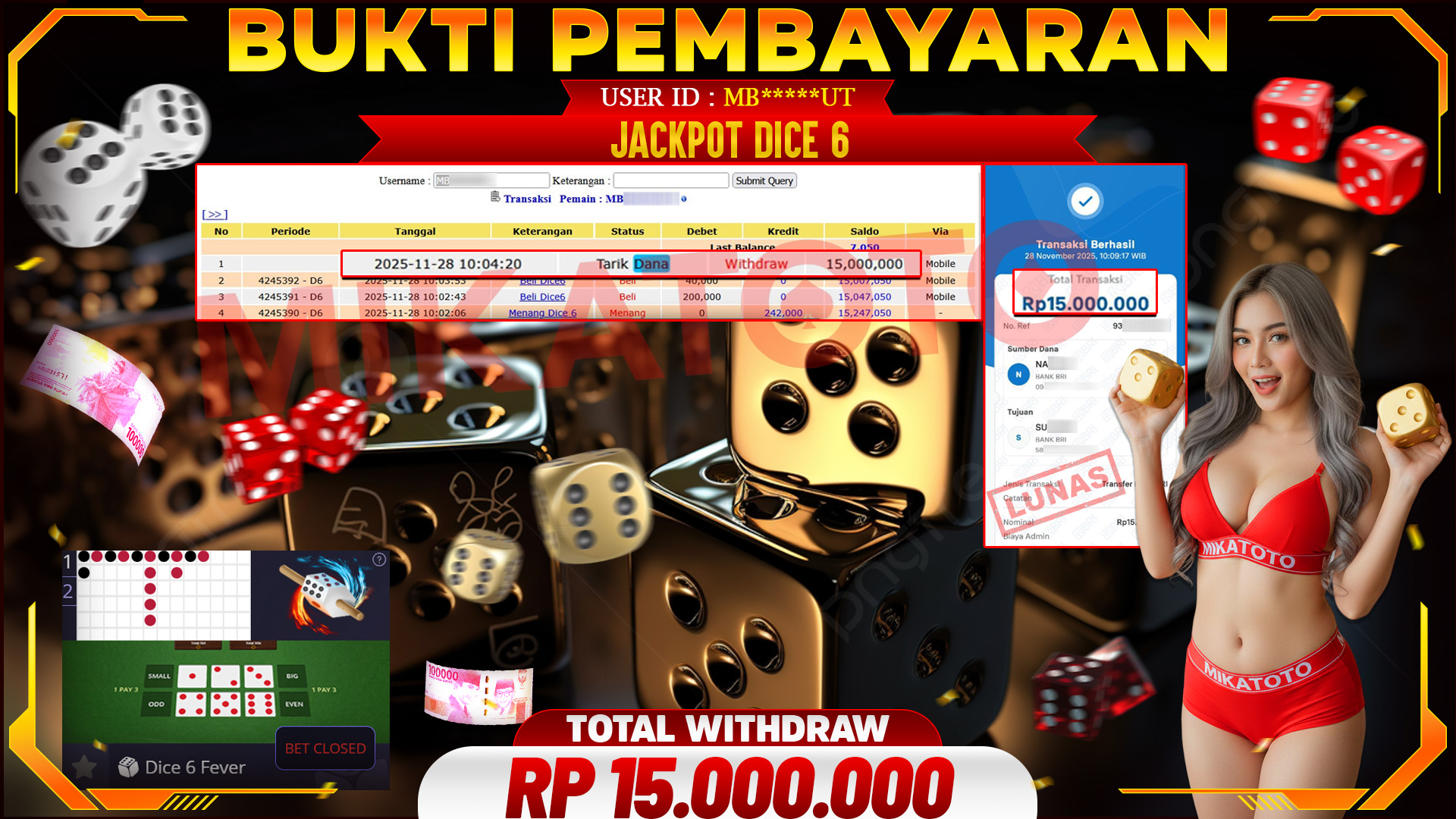 SELAMAT KEPADA PEMENANG JACKPOT DI dice 6 - Live Game 15,000,000🏆