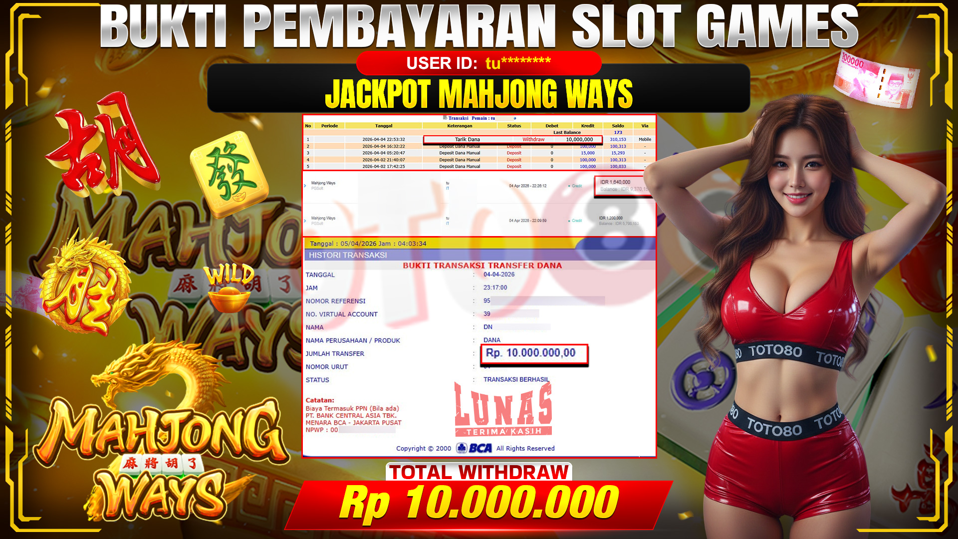 💰🎉 TOTO80 – JACKPOT SLOT MAHJONG WAYS  RP. 10,000,000,-  TELAH DIBAYARKAN!💰🎉