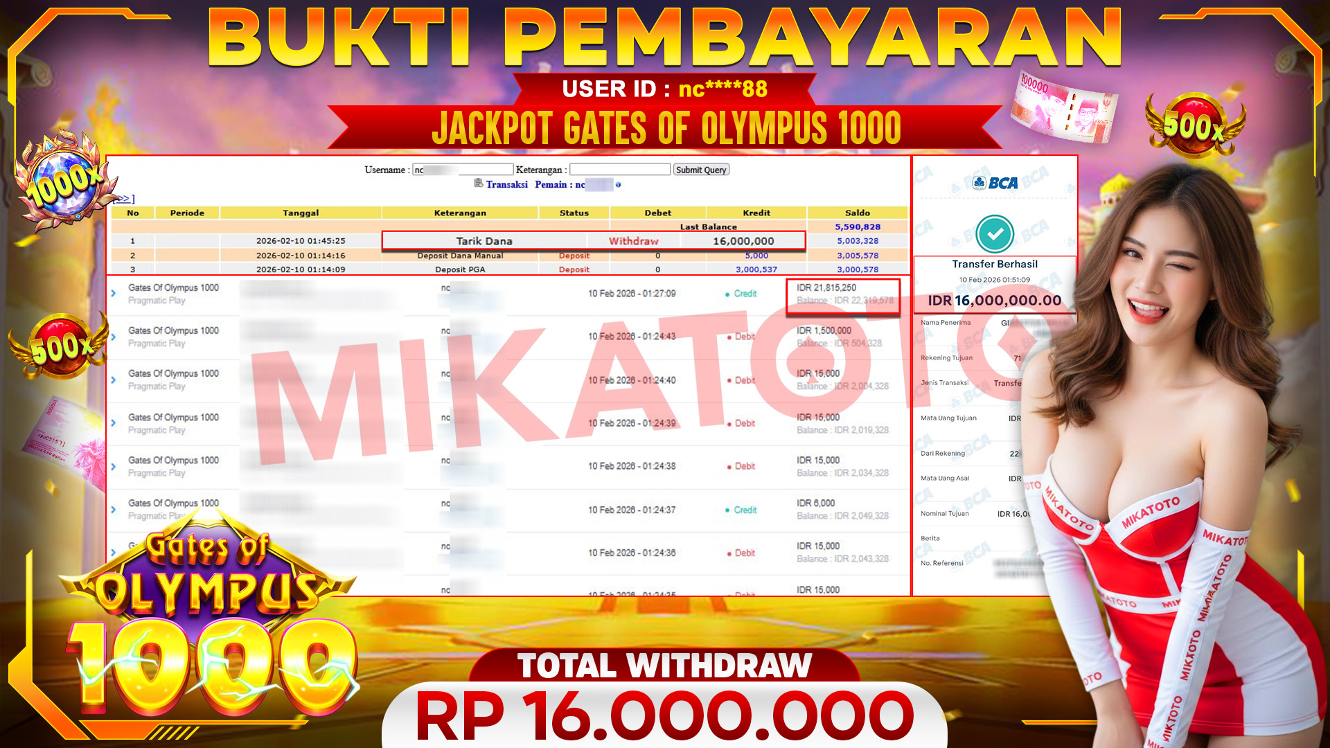 🏆 SELAMAT KEPADA PEMENANG JACKPOT DI Gates Of Olympus 1000 - Pragmatic Play 16,000,000🏆