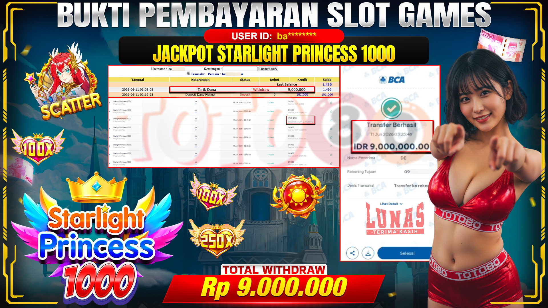 💰🎉 TOTO80 – JACKPOT SLOT STARLIGHT PRINCESS 1000 RP. 9,000,000,- TELAH DIBAYARKAN!💰🎉