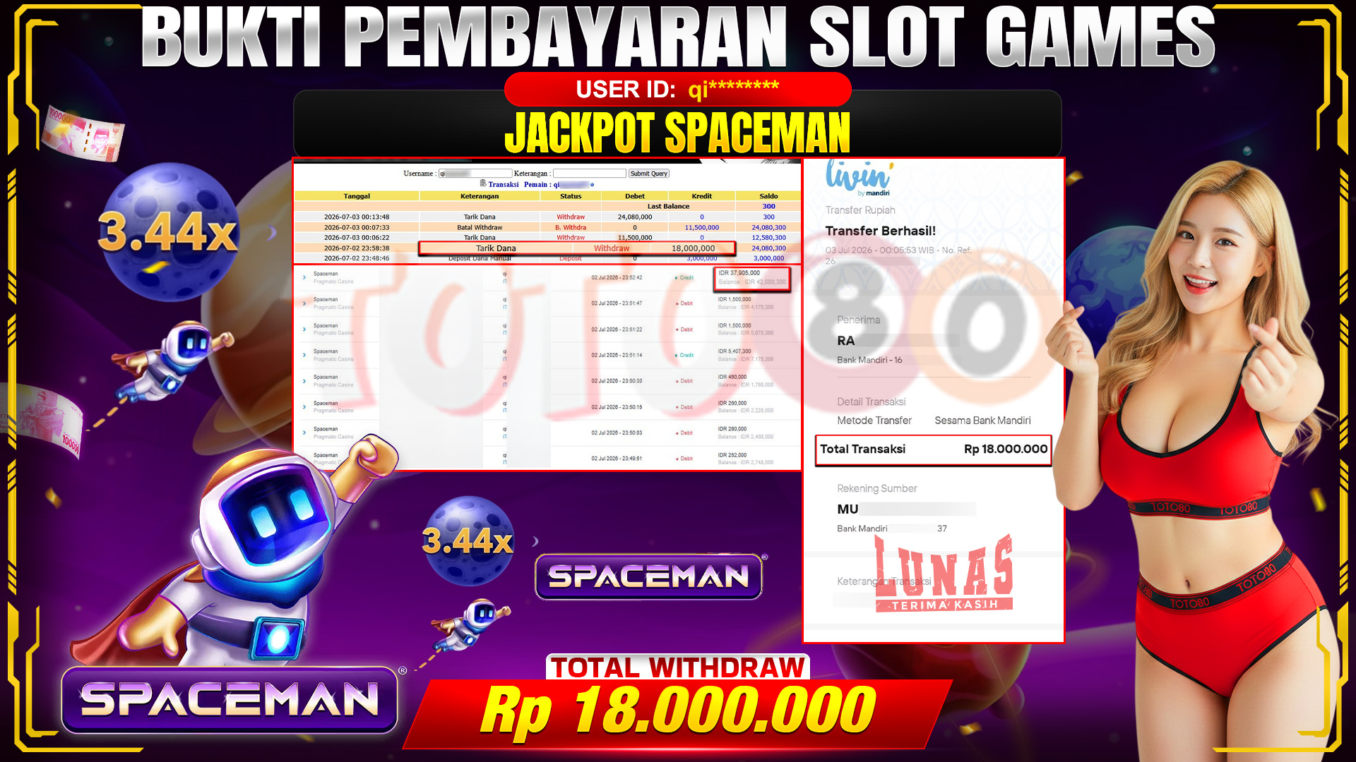 💰🎉 TOTO80 – JACKPOT SLOT SPACEMAN  RP. 18,000,000,- TELAH DIBAYARKAN! 💰🎉
