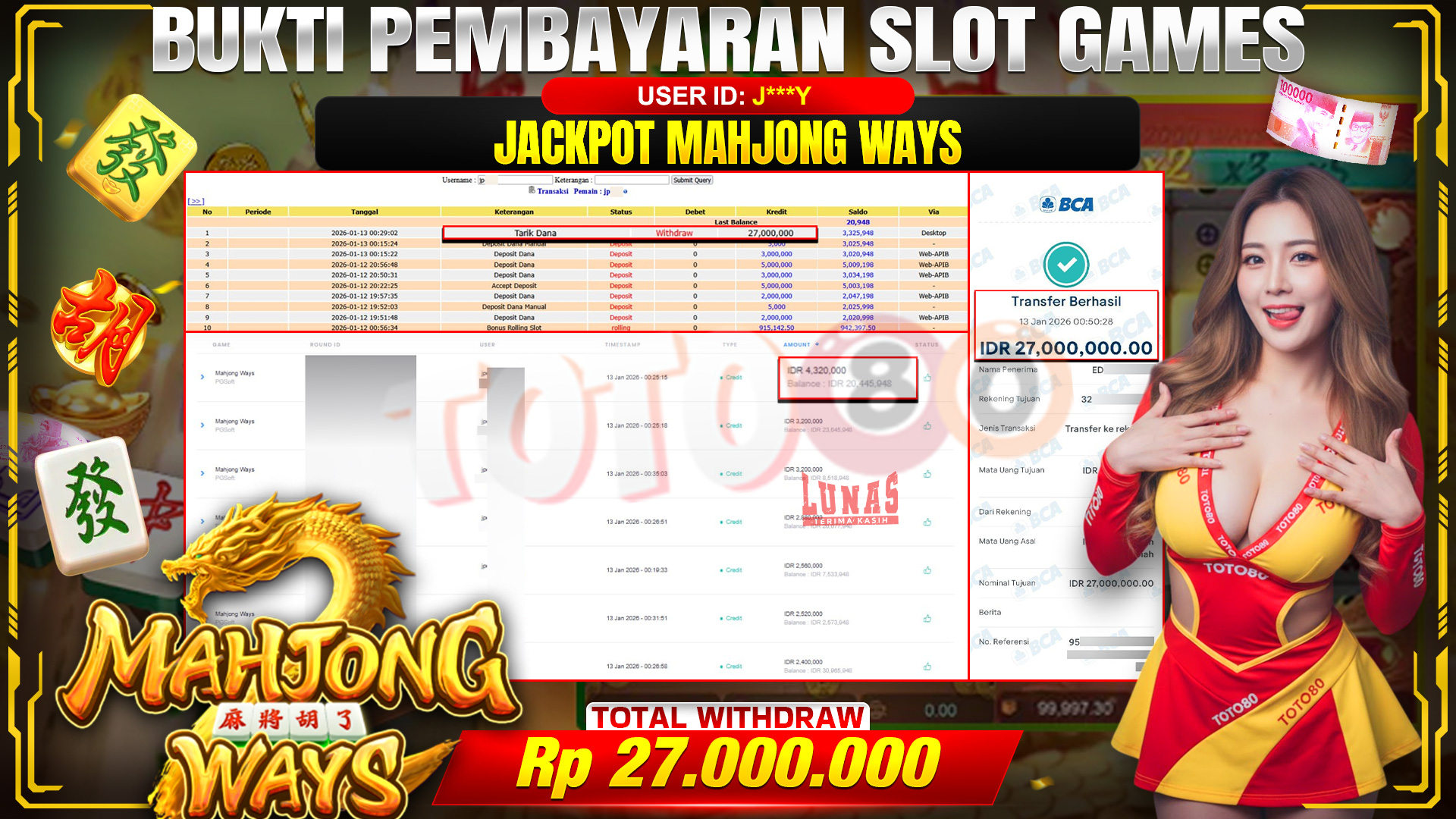 🎉 TOTO80 – JACKPOT SLOT MAHJONG WAYS RP. 27,000,000,- TELAH DIBAYARKAN! 🎉