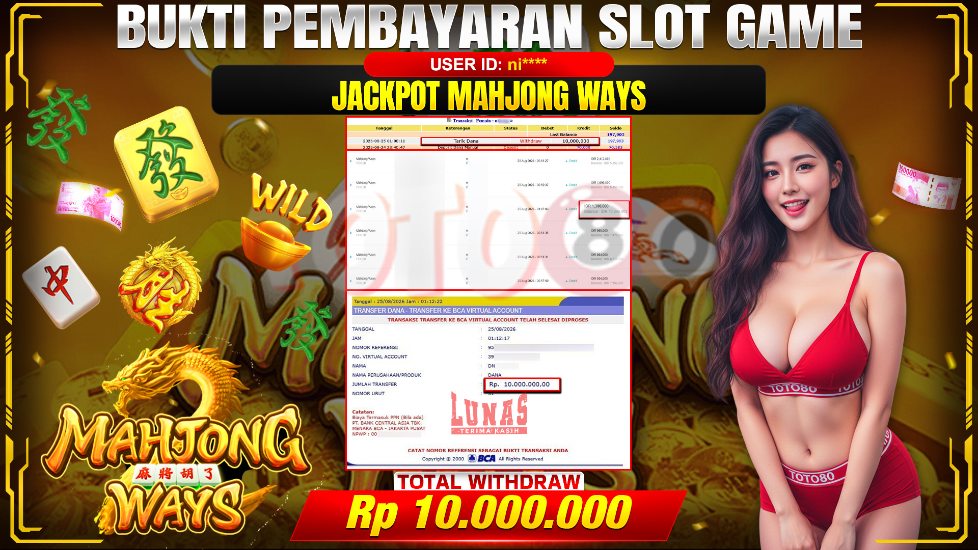 💰🎉 TOTO80 – JACKPOT SLOT MAHJONG  WAYS RP. 10,000,000,-  TELAH DIBAYARKAN!💰🎉