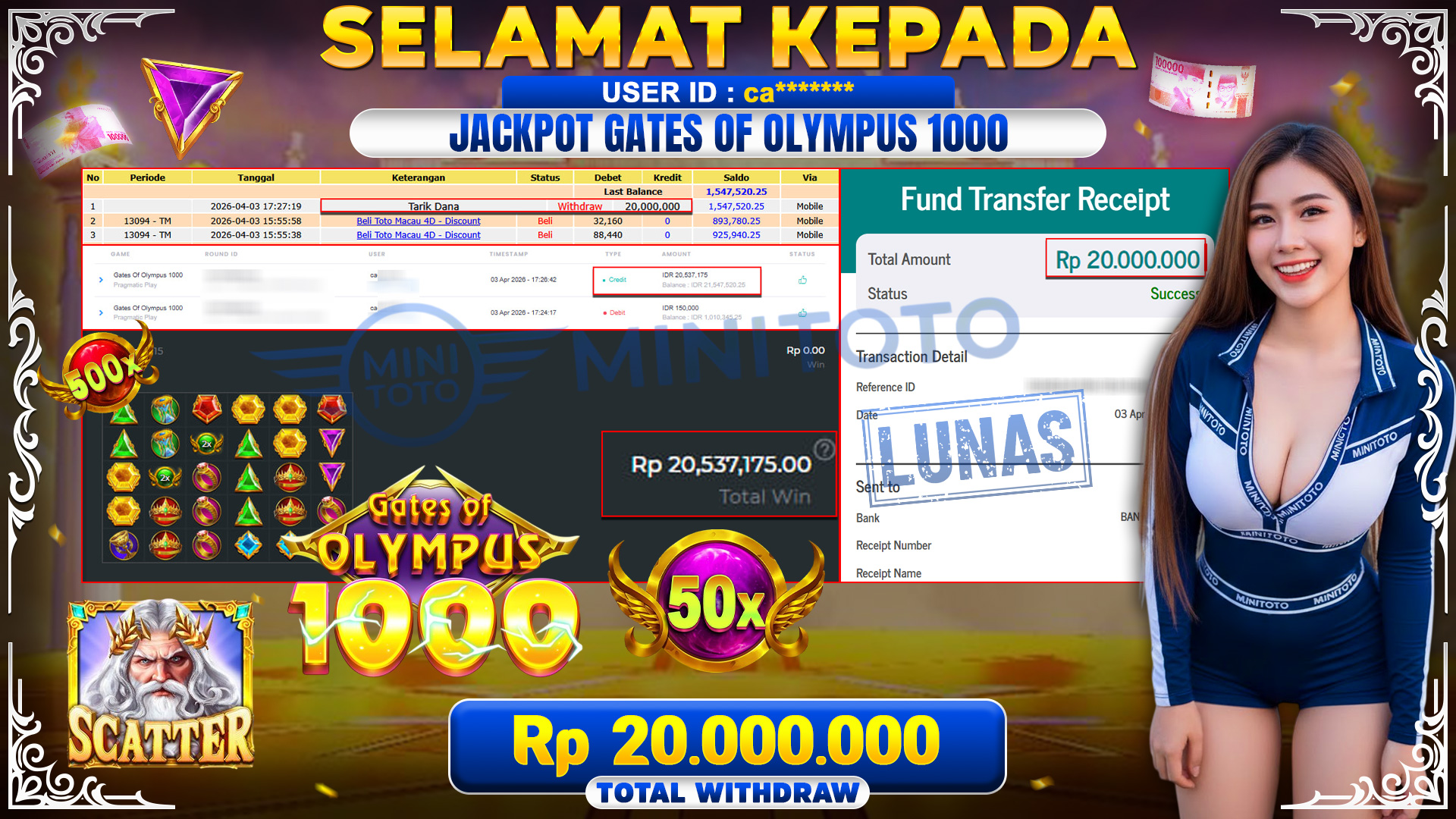 BUKTI JACPOT Gates Of Olympus 1000 - Pragmatic Play