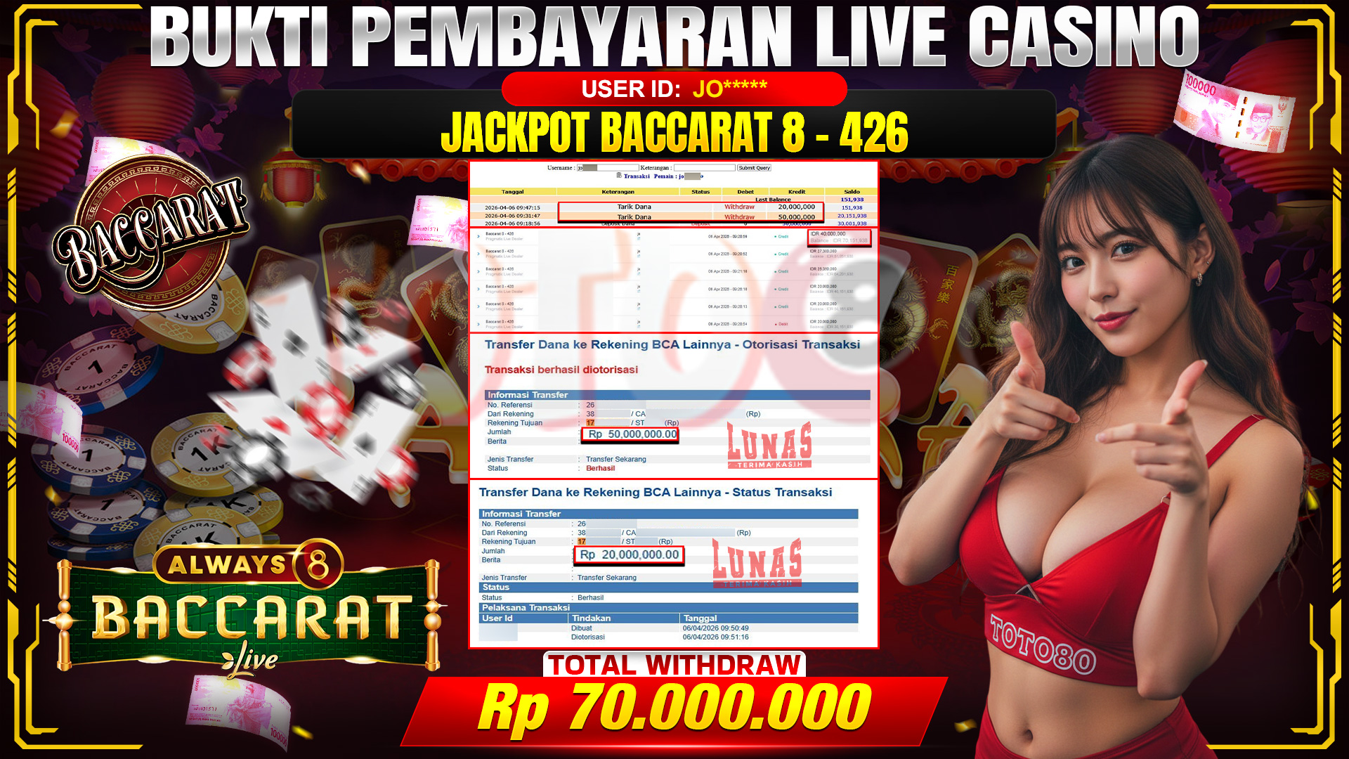 💰🎉 TOTO80 – JACKPOT  BACCARAT 8 - 426  RP. 70,000,000,- TELAH DIBAYARKAN!💰🎉