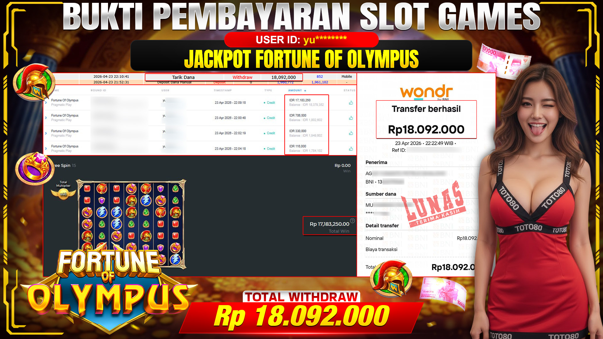 💰🎉TOTO80 – JACKPOT SLOT FORTUNE OF OLYMPUS  RP.18,092,000,- TELAH DIBAYARKAN! 💰🎉