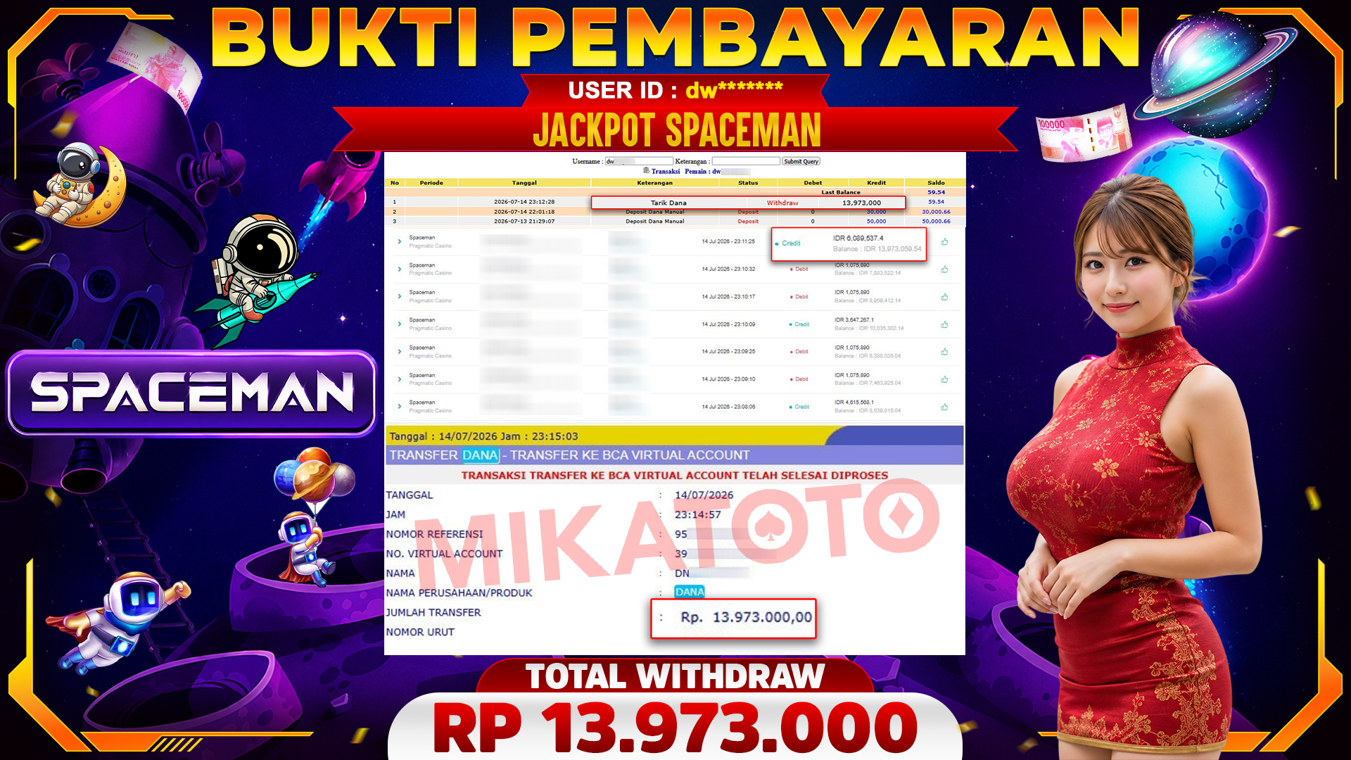 🏆 SELAMAT KEPADA PEMENANG JACKPOT DI Spaceman - Pragmatic Casino 13,973,000🏆