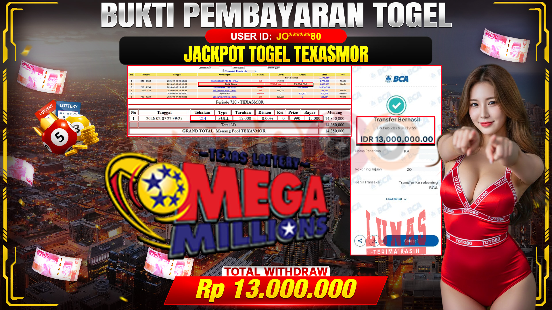🎉 TOTO80 – JACKPOT MEGA MILLIONS RP. 13,000,000,- TELAH DIBAYARKAN! 🎉