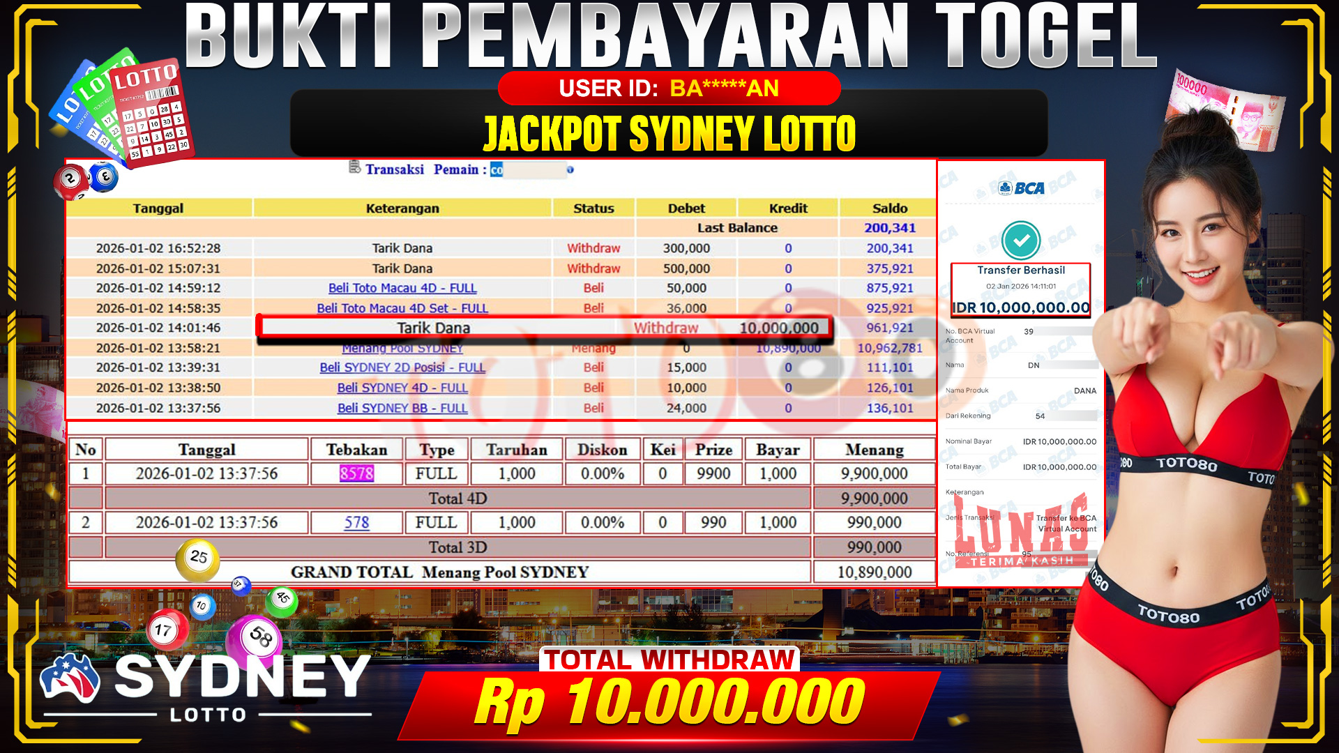 🎉 TOTO80 – JACKPOT SYDNEY LOTTO RP. 10,000,000,- TELAH DIBAYARKAN! 🎉
