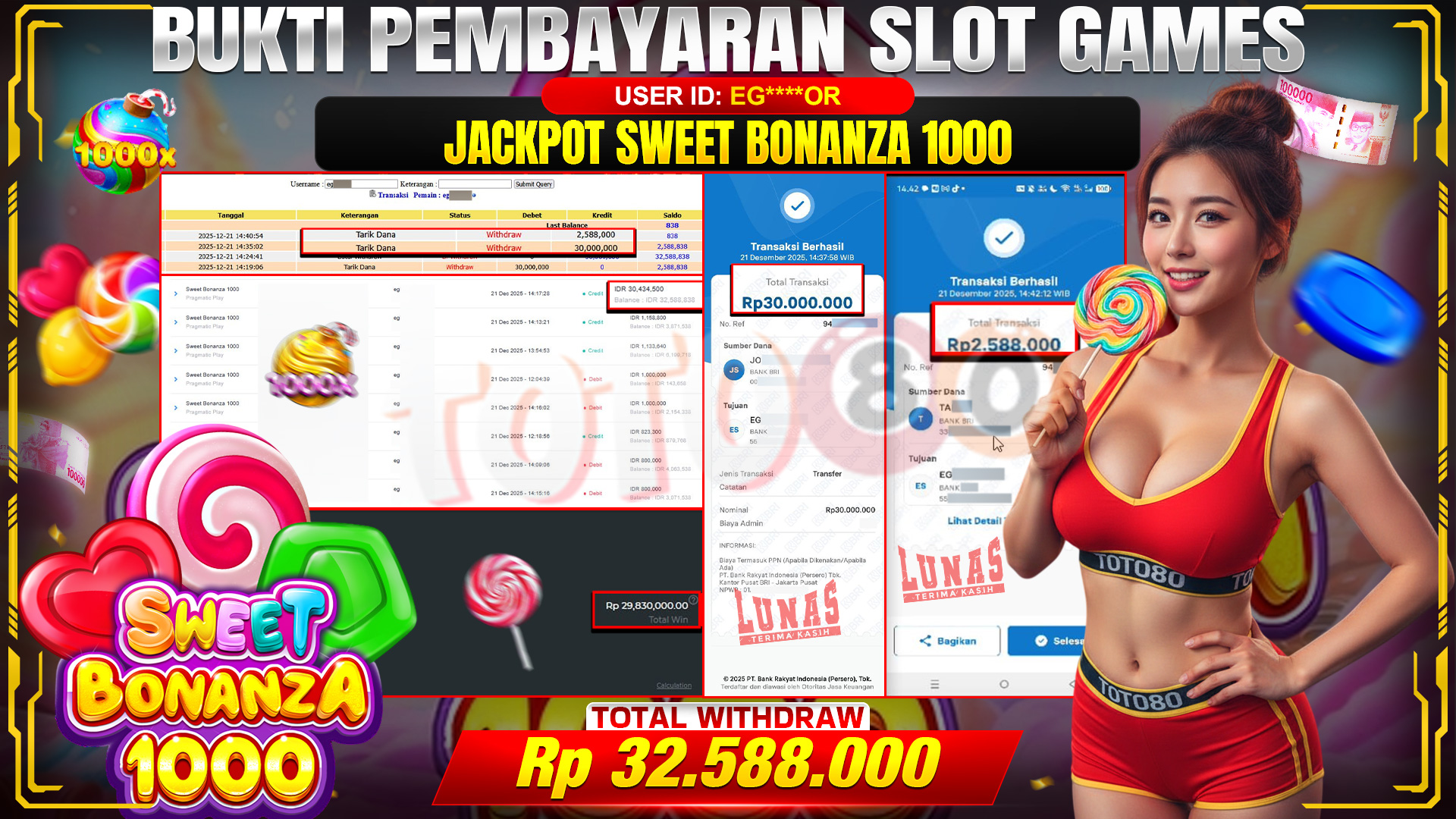 🎉 TOTO80 – JACKPOT SLOT SWEET BONANZA 1000 RP. 32,588,000,- TELAH DIBAYARKAN! 🎉