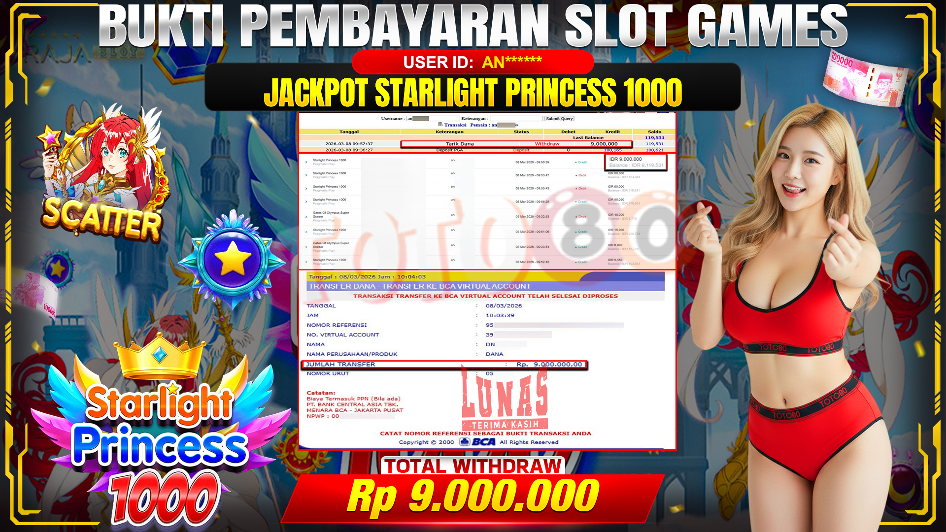 🎉 TOTO80 – JACKPOT SLOT STARLIGHT PRINCES 1000 RP. 9,000,000,- TELAH DIBAYARKAN! 🎉