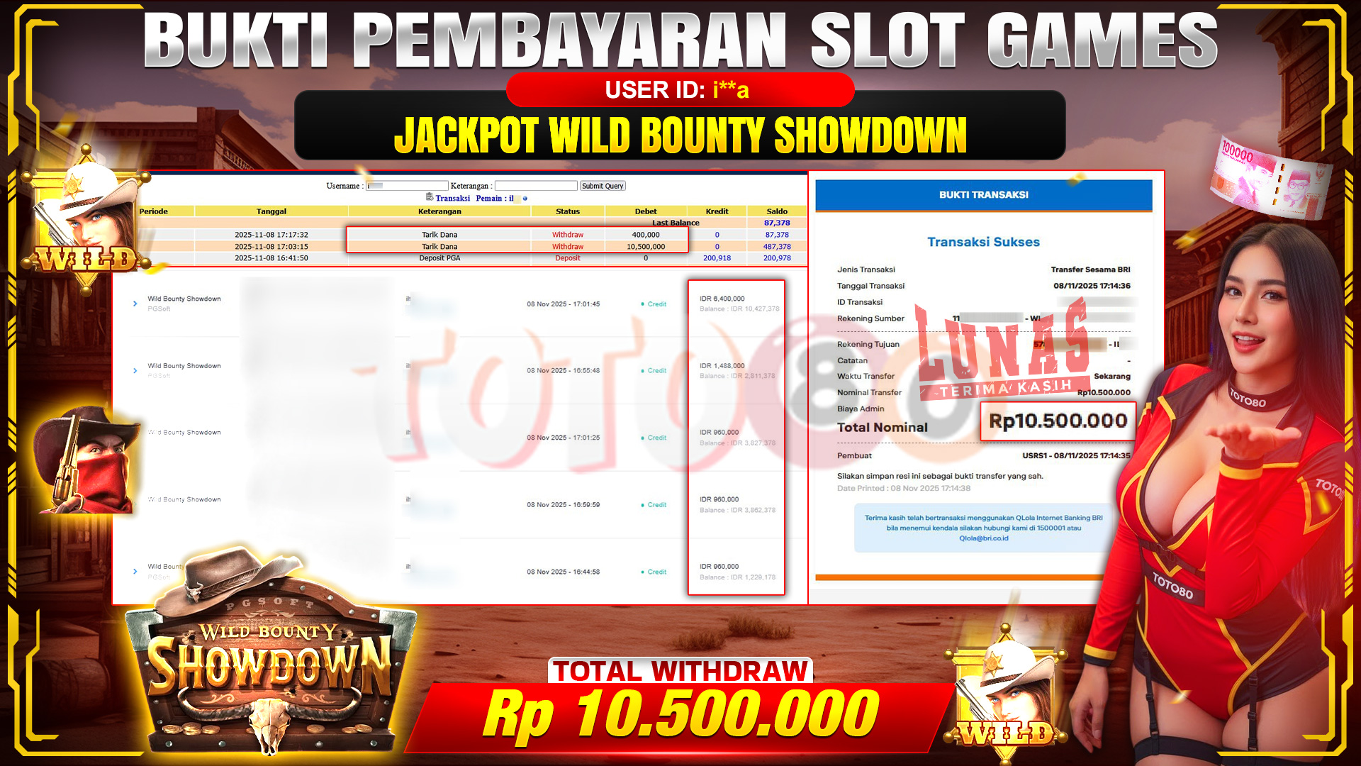🎉 TOTO80 – JACKPOT SLOT WILD BOUNTY SHOWDOWN RP.10,500,000,- TELAH DIBAYARKAN! 🎉