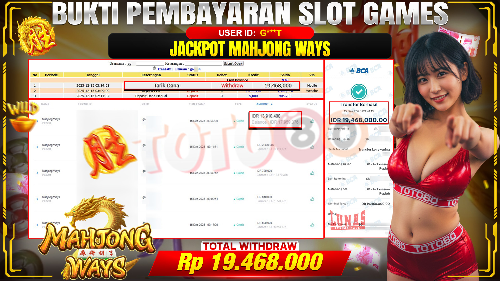 🎉 TOTO80 – JACKPOT SLOT MAHJONG WAYS RP. 19,468,000,- TELAH DIBAYARKAN! 🎉