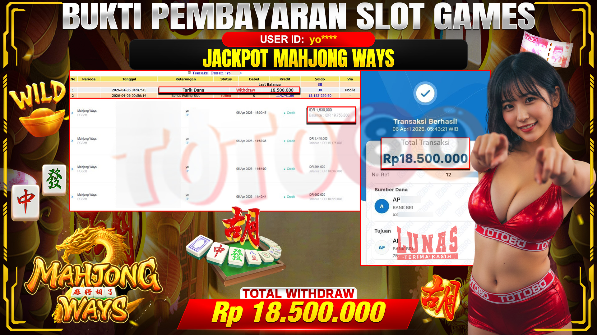 💰🎉 TOTO80 – JACKPOT SLOT MAHJONG WAYS  RP.  18,500,000,-   TELAH DIBAYARKAN!💰🎉