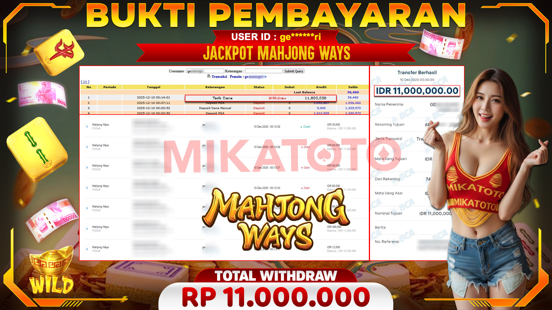 SELAMAT KEPADA PEMENANG JACKPOT DI Mahjong Ways - PGSoft 11,000,000🏆