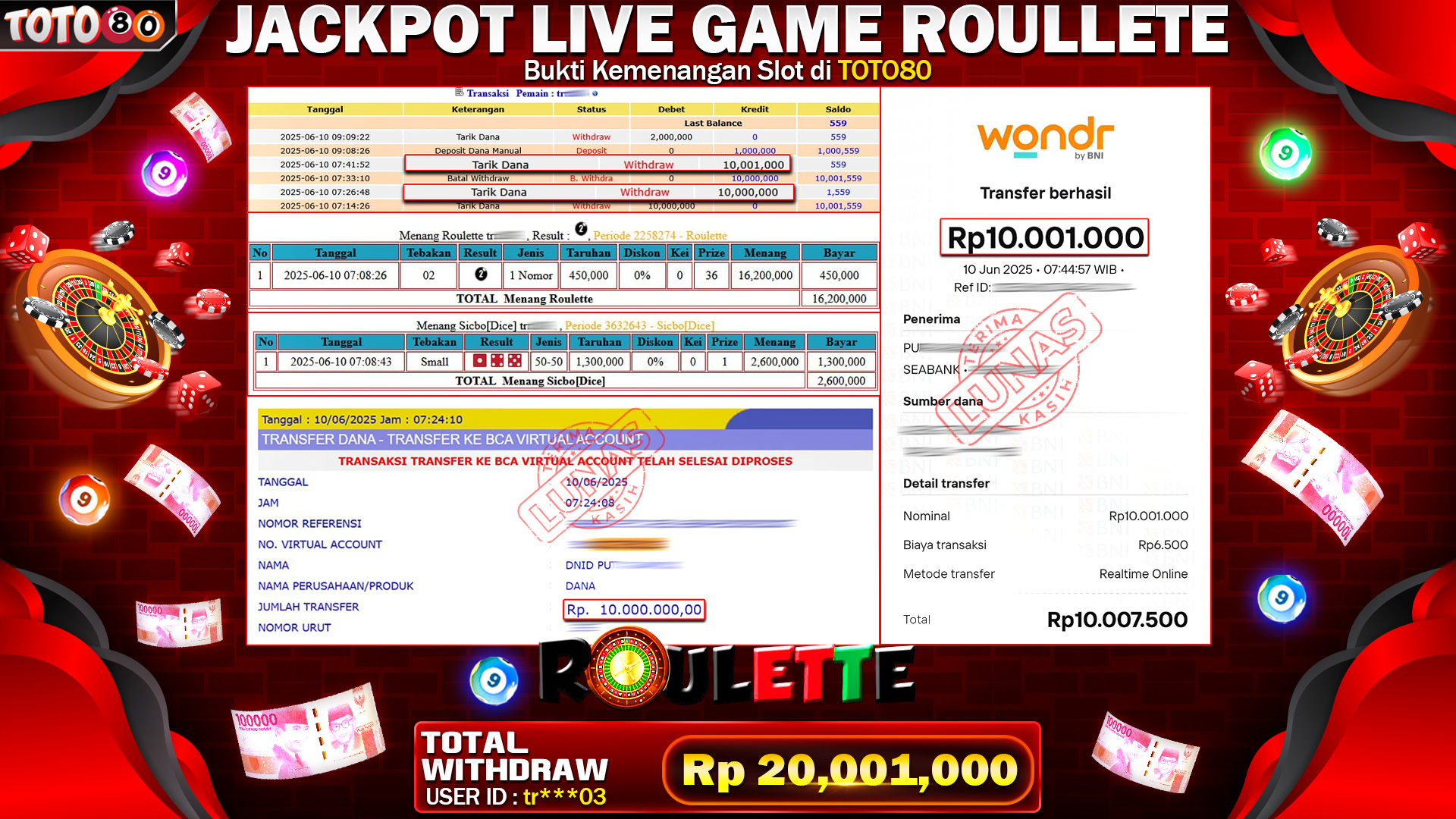 🎉 TOTO80 – JACKPOT LIVE GAME ROULLETE RP.20,001,000,- TELAH DIBAYARKAN!🎉