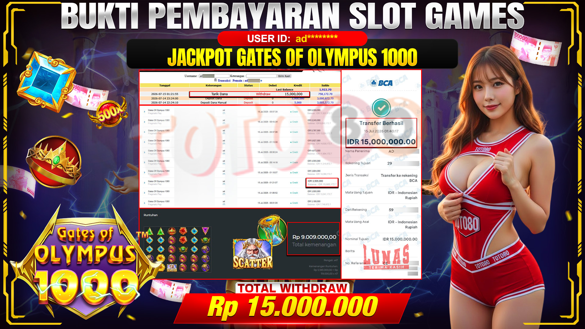 💰🎉 TOTO80 – JACKPOT SLOT GATES OF OLYMPUS 1000  RP. 15,000,000,- TELAH DIBAYARKAN!💰🎉