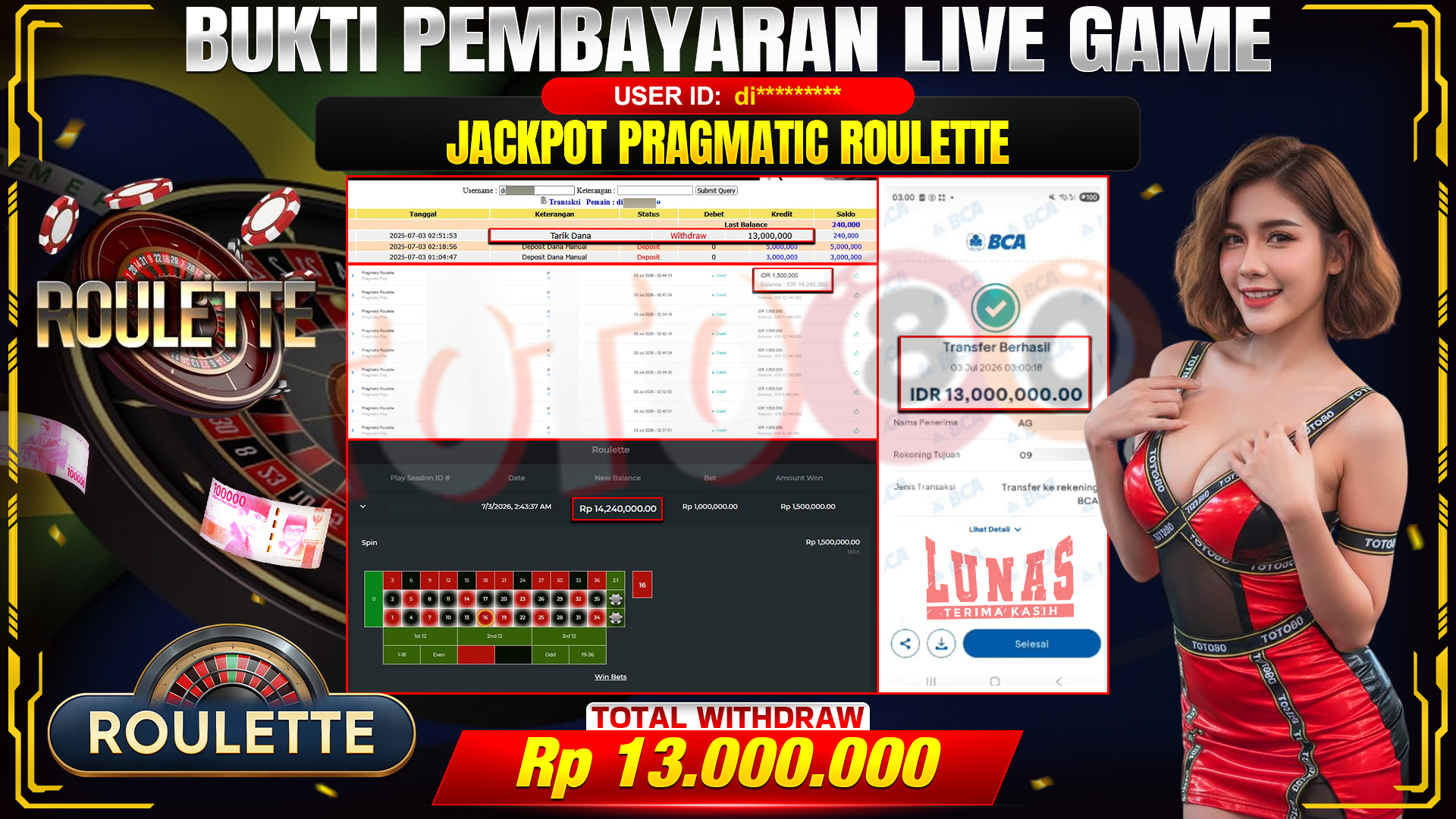 💰🎉 TOTO80 – JACKPOT  PRAGMATIC ROULETTE  RP. 13.000,000,-  TELAH DIBAYARKAN!💰🎉