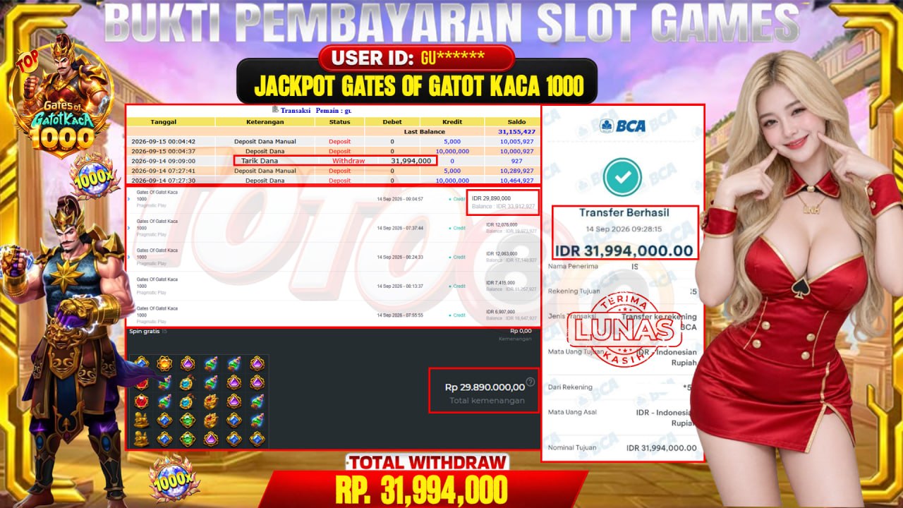 💰🎉 TOTO80 – JACKPOT SLOT GATES OF GATOT KACA  1000 RP. 31,994,000,- TELAH DIBAYARKAN! 💰🎉