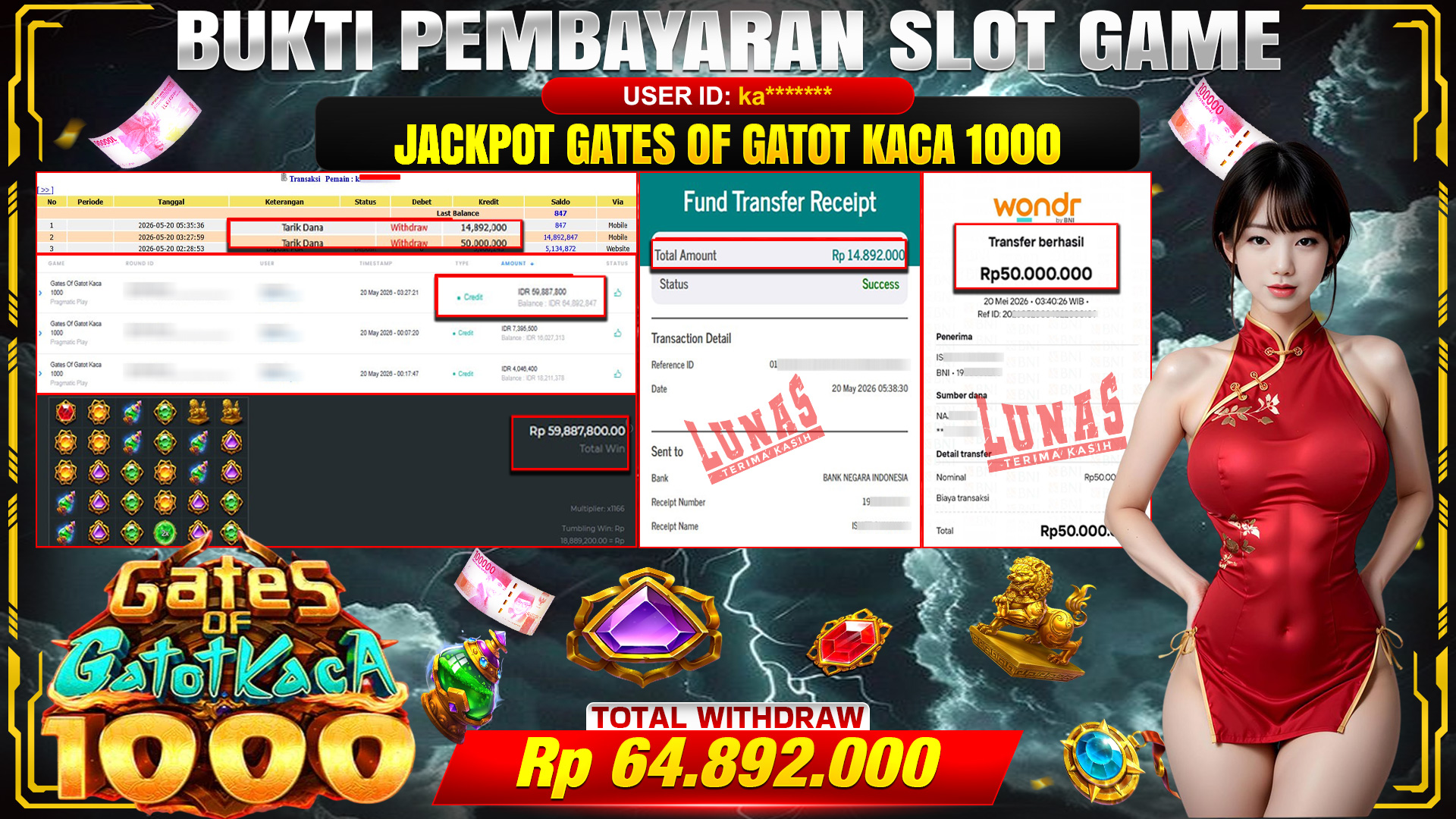 💰🎉 TOTO80 – JACKPOT SLOT GATES OF GATOT KACA 1000 RP. 64,892,000,- TELAH DIBAYARKAN!💰🎉