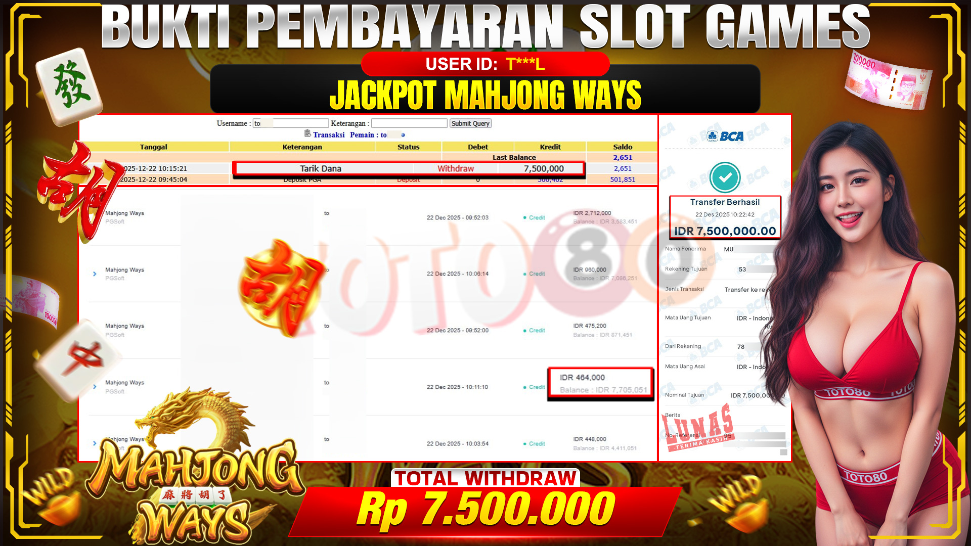 🎉 TOTO80 – JACKPOT SLOT MAHJONG WAYS RP. 7,500,000,- TELAH DIBAYARKAN! 🎉