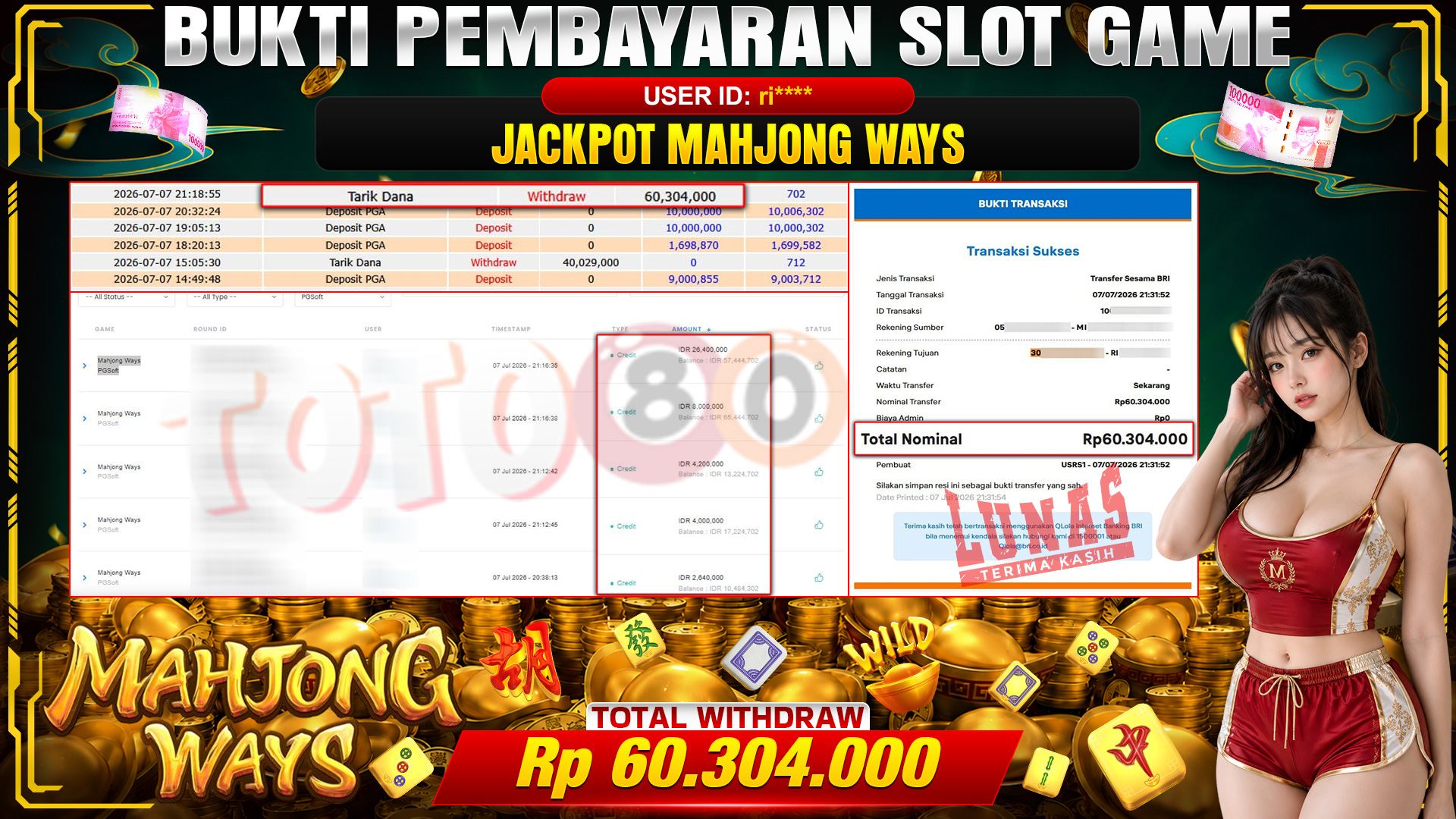 💰🎉 TOTO80 – JACKPOT SLOT MAHJONG  WAYS  RP. 60,304,000,-   TELAH DIBAYARKAN!💰🎉