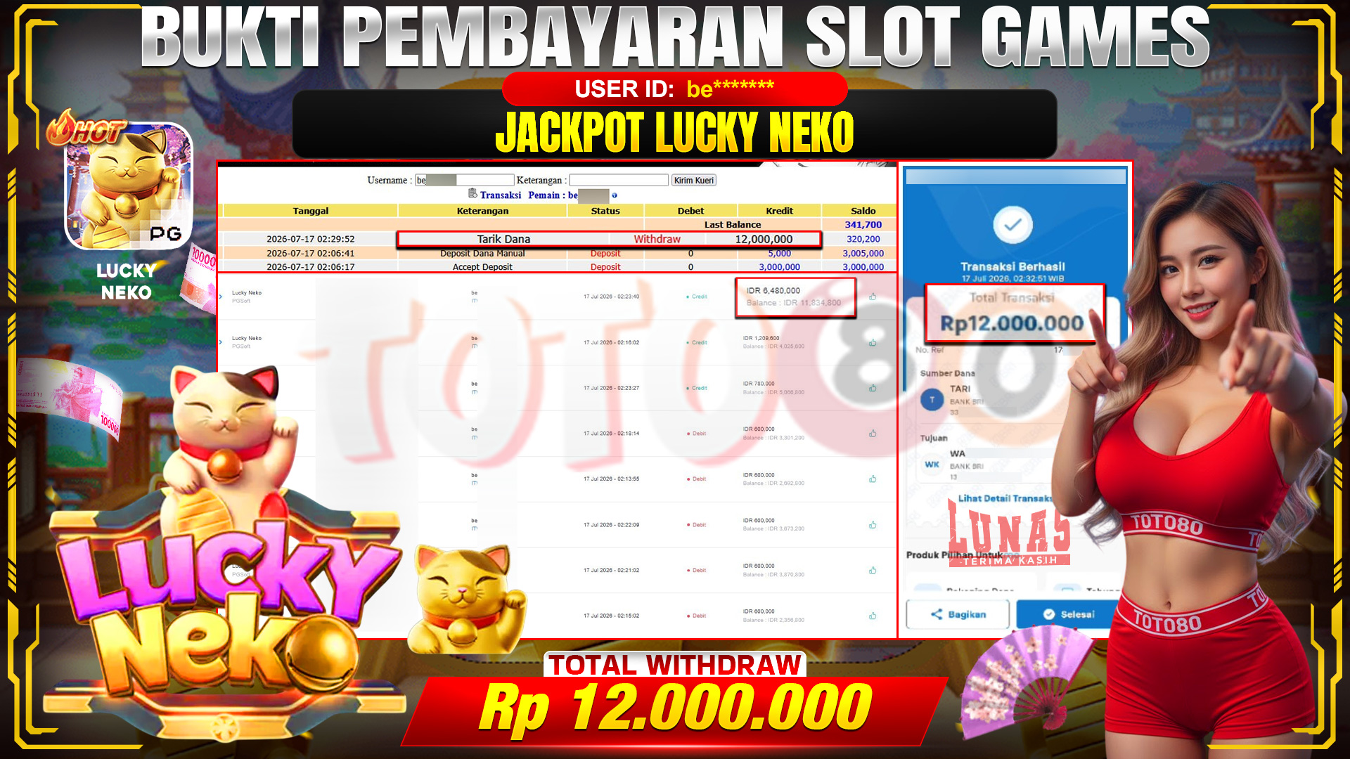 💰🎉  TOTO80 – JACKPOT SLOT LUCKY NEKO RP. 12,000,000,- TELAH DIBAYARKAN! 💰🎉 
