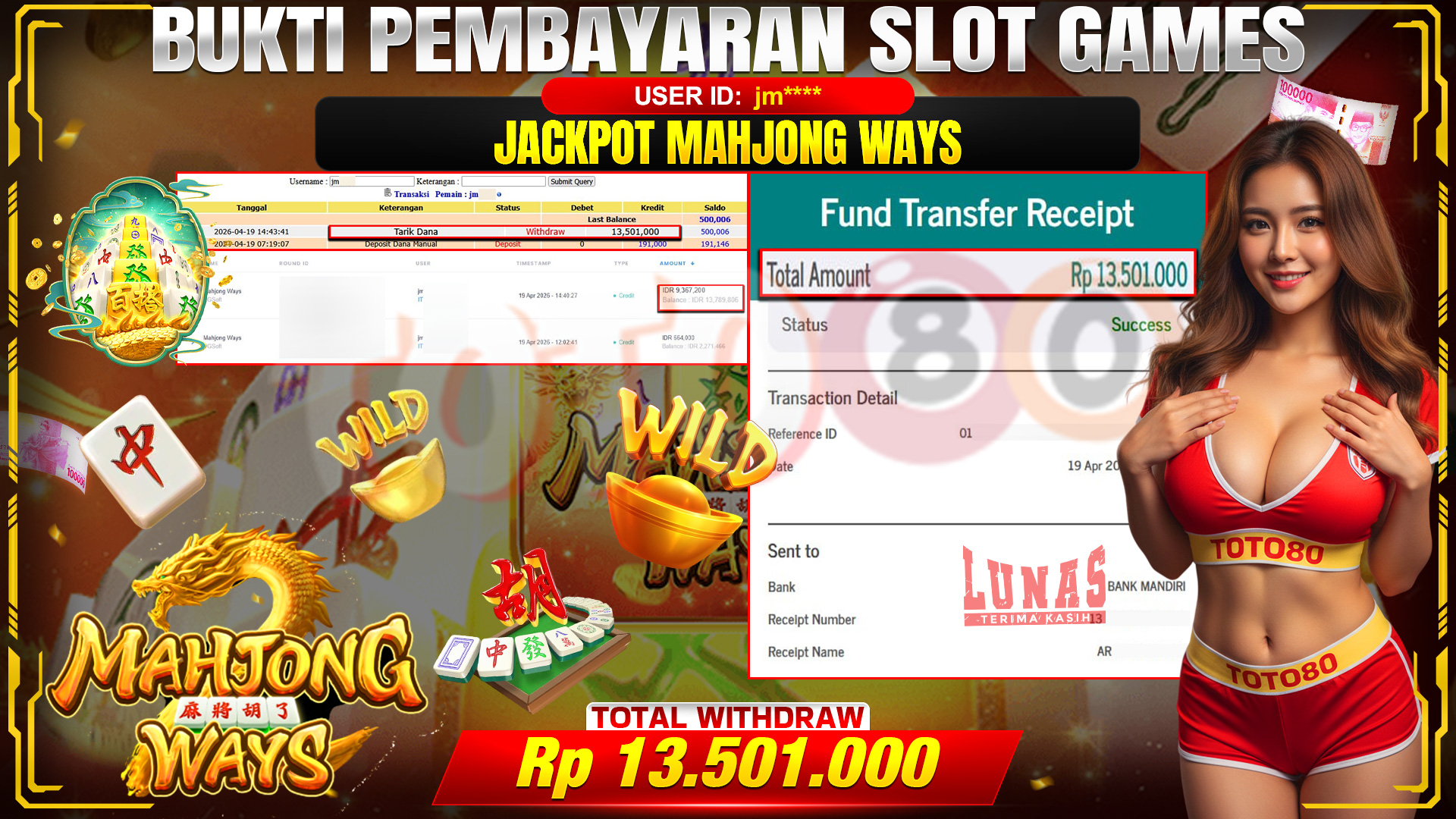 💰🎉 TOTO80 – JACKPOT SLOT MAHJONG WAYS RP. 13,501,000,- TELAH DIBAYARKAN!💰🎉